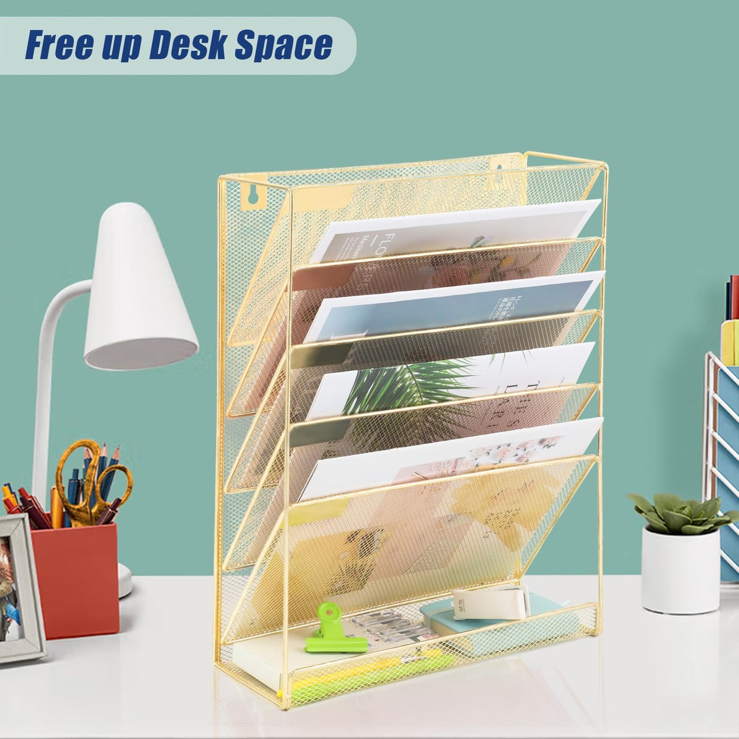 EASEPRES Desk File Organizer Mesh 6-Tier, Hanging Wall Mount Document Organization Stand, Desktop