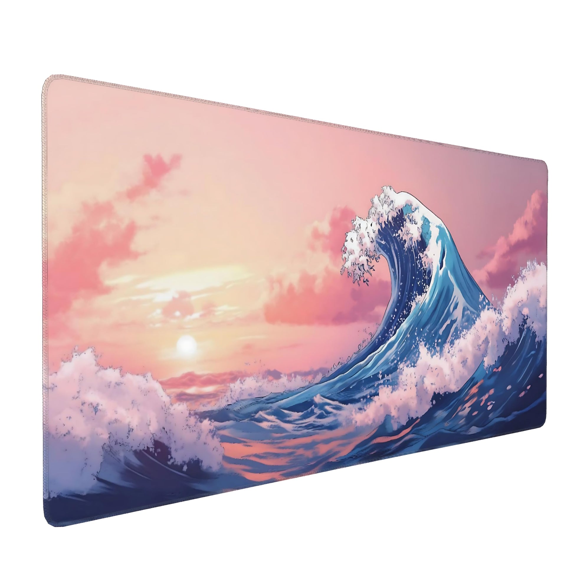 Cute Aesthetic Kanagawa Great Wave Gaming Mouse Pad, Blue Pink Japanese Desk Mat with Anti-Slip