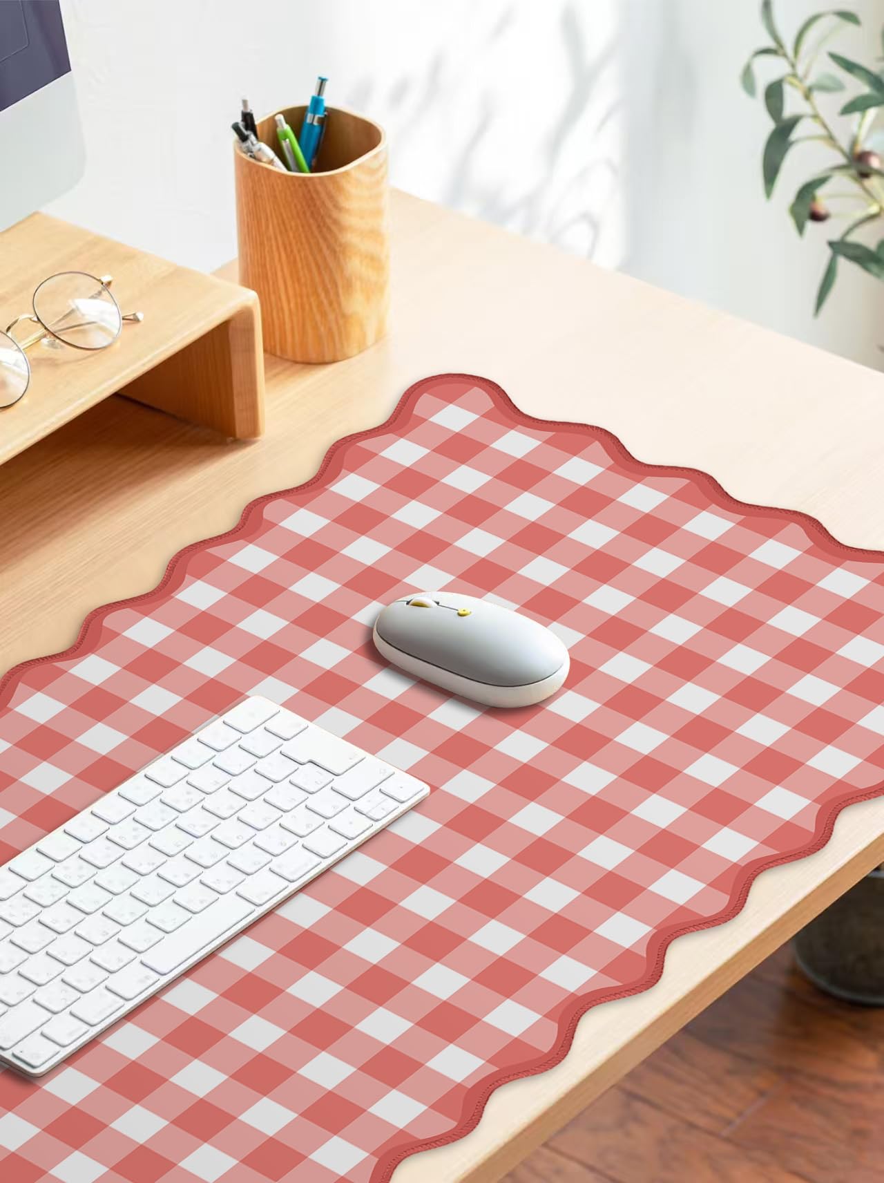 ohisxiacy Scalloped‌ Checkered Gingham Desk Mat Cute Red XXL Large Mouse Pad Kawaii Cottagecore