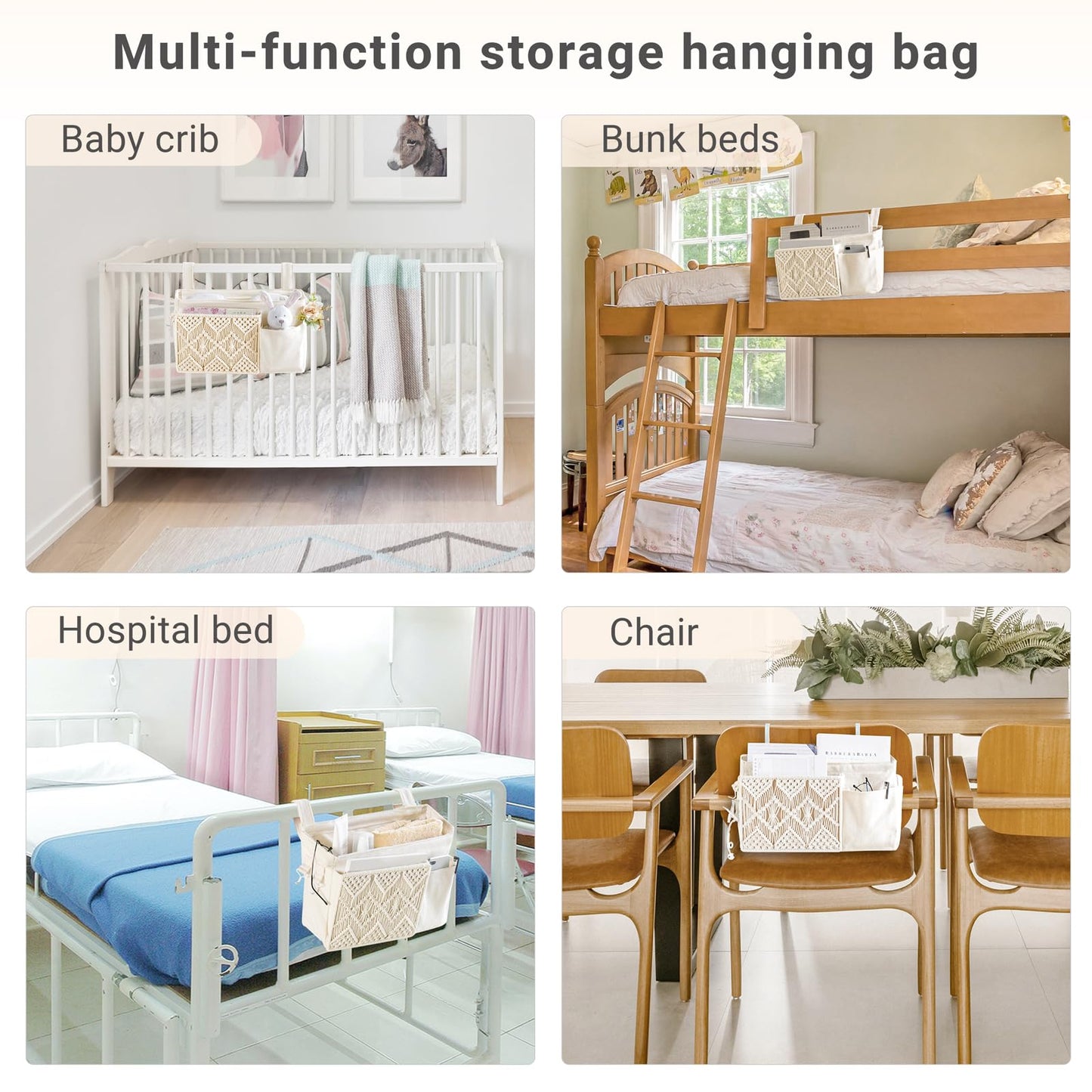 Mkono Bedside Caddy, Macrame Hanging Organizer, 4 Pockets Ivory Metal Hooks