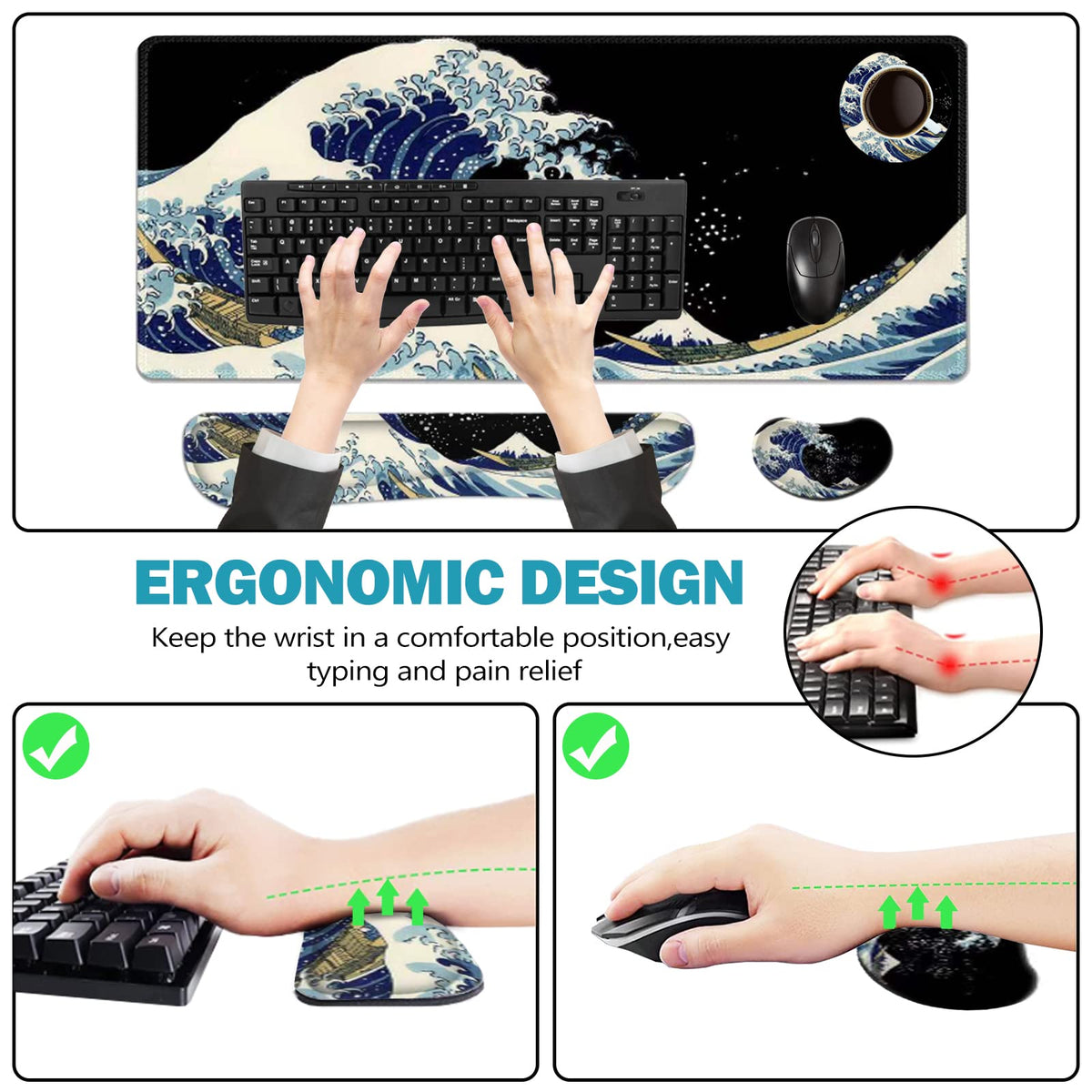 ToLuLu Extended Gaming Mouse Pad, Ergonomic Keyboard Mouse Wrist Rest Set