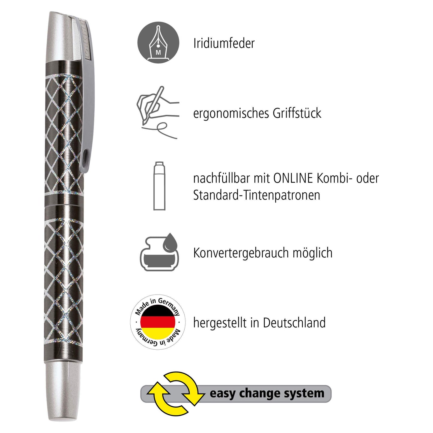 Online Ergonomic Fountain Pen for School/College - Campus Feel Grey - Solid Medium Nib, Soft Grip