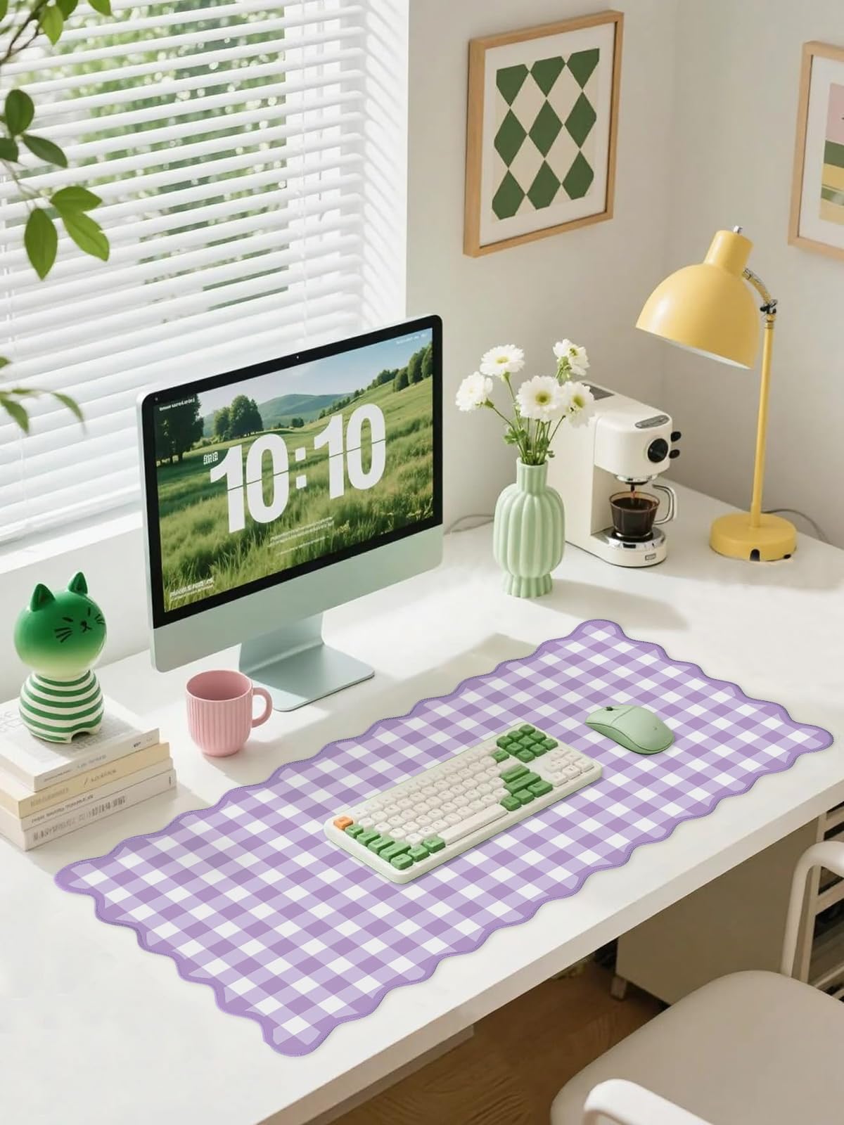 Scalloped‌ Purple Checkered Gingham Desk Mat Cute Pastel Large Mouse Pad Kawaii Cottagecore