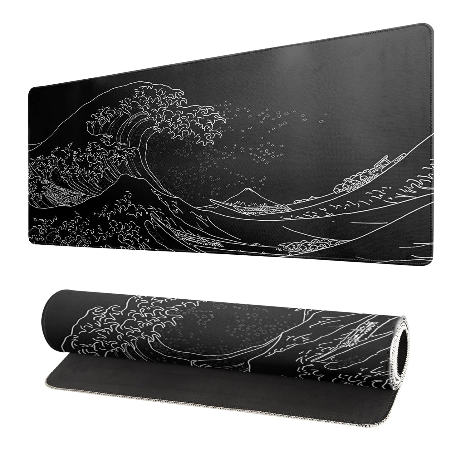 Japanese Gaming Mouse Pad Abstract Black Mouse Pad 31.5x11.8 Inch Black Sea Wave Texture Non-Slip