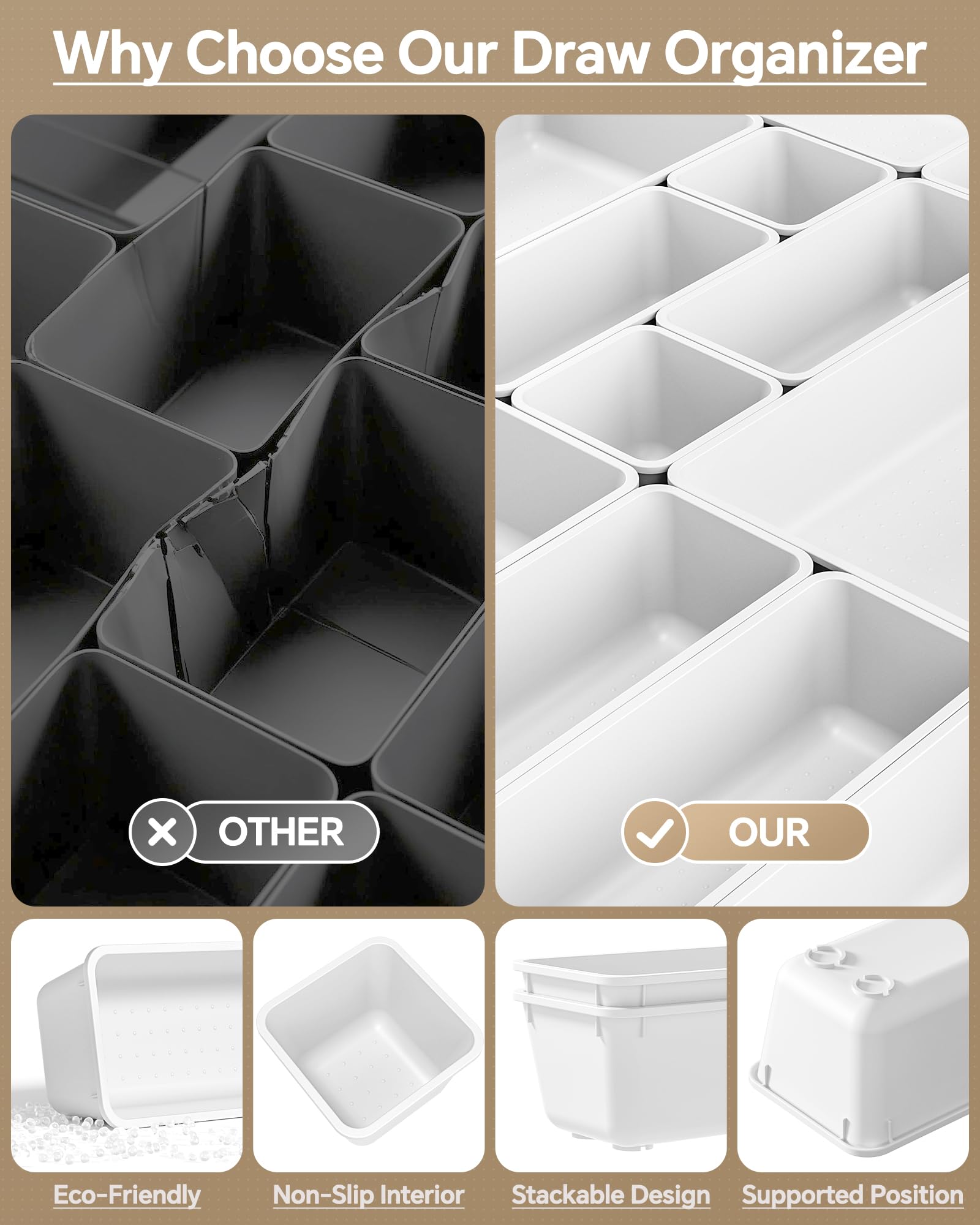 KEMETHY 25 PCS Plastic Drawer Organizers Set, 4 Sizes Vanity Organizer, Makeup and Desk Drawer
