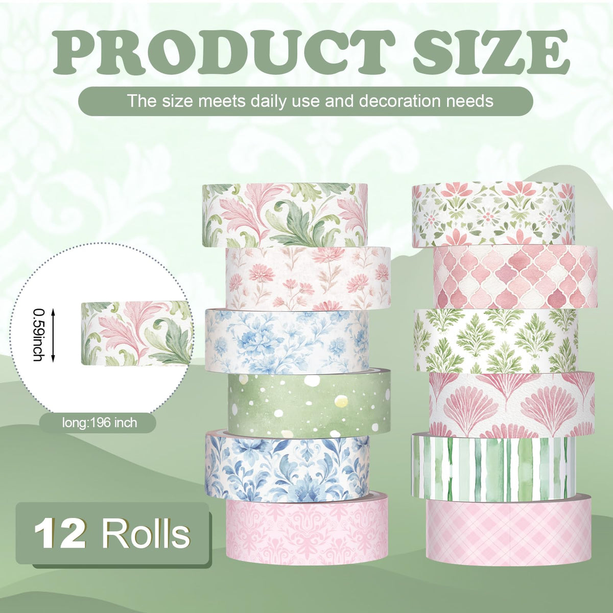 YooNotee 12 Rolls Floral Washi Tape Set,Pink,Blue and Green,Garden