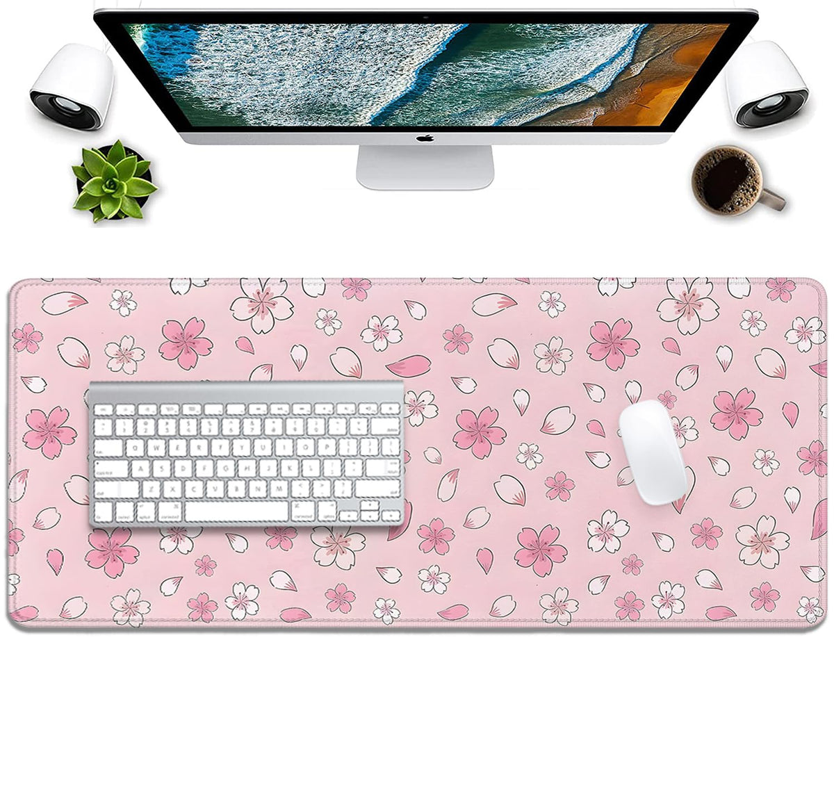 Japanese Cherry Blossoms Extended Desk Pad Mouse Pad,Large Gaming Floral Mouse Mat with Stitched