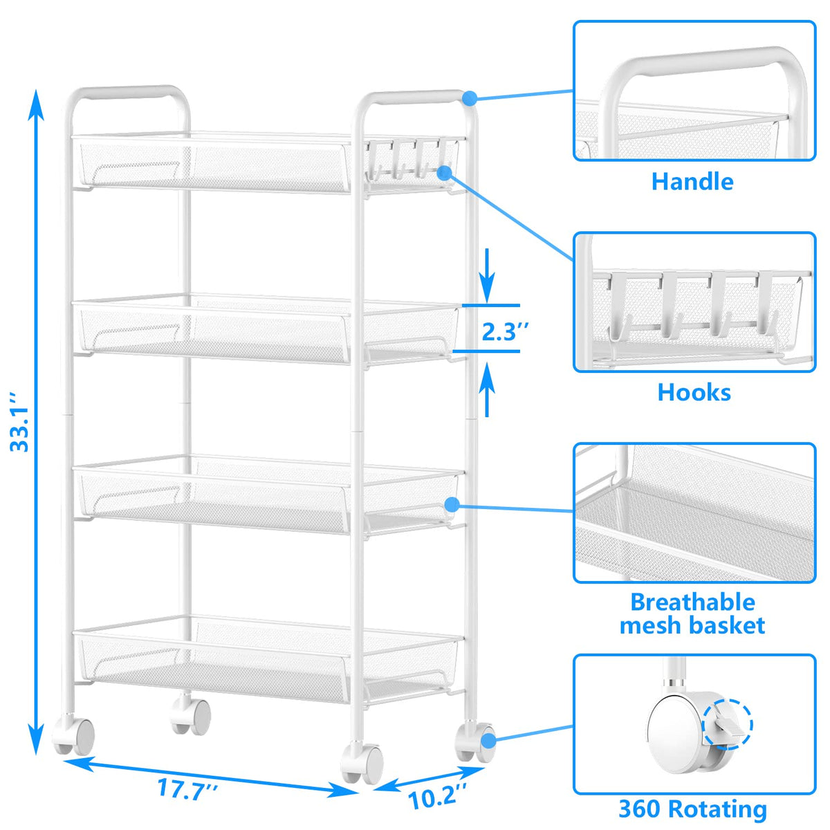 4-Tier Mesh Rolling Cart - 35 BLS/Tier Full Metal Cart with Wheel & 4 Hooks