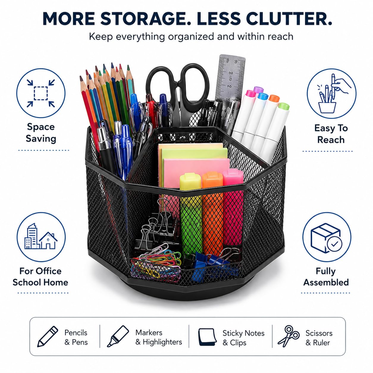 Exerz Desk Organizer 360 Rotating Pen Holder 5 Compartments Caddy Black