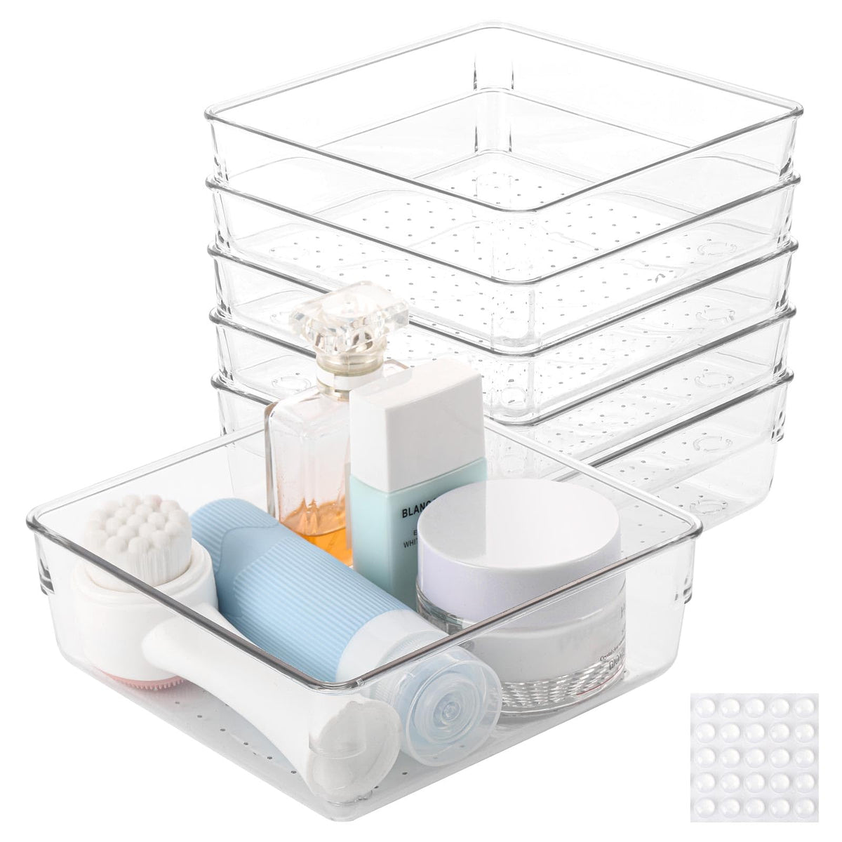 Ohlove 6 Pcs Large Clear Plastic Drawer Organizers Tray 6" x 6" Storage Bins with 25 Pcs Non-Slip
