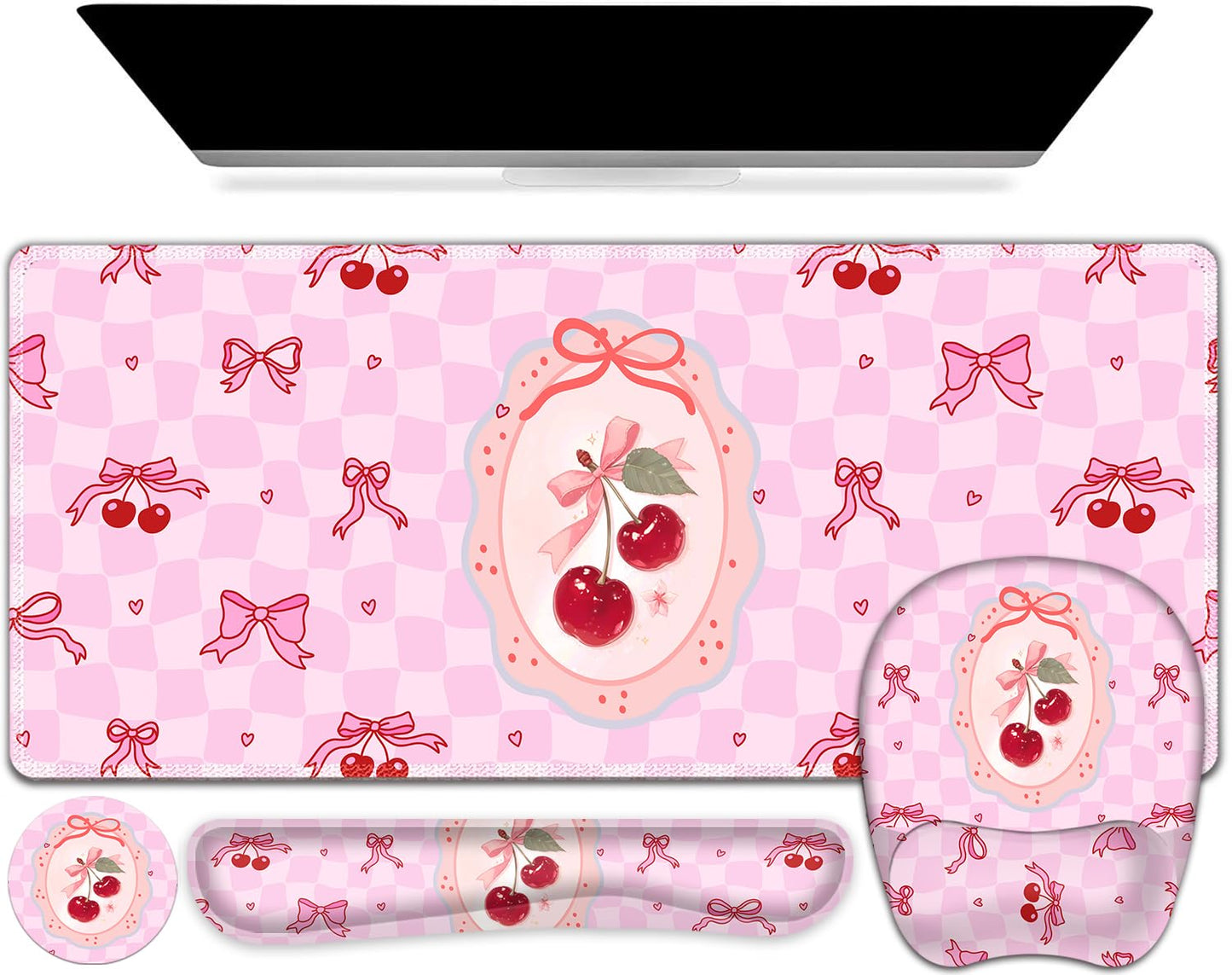 Cute Check Mouse Pad with Wrist Support 4 in1 Set, XXL Big Game Mousepad + Keyboard Wrist Rest +