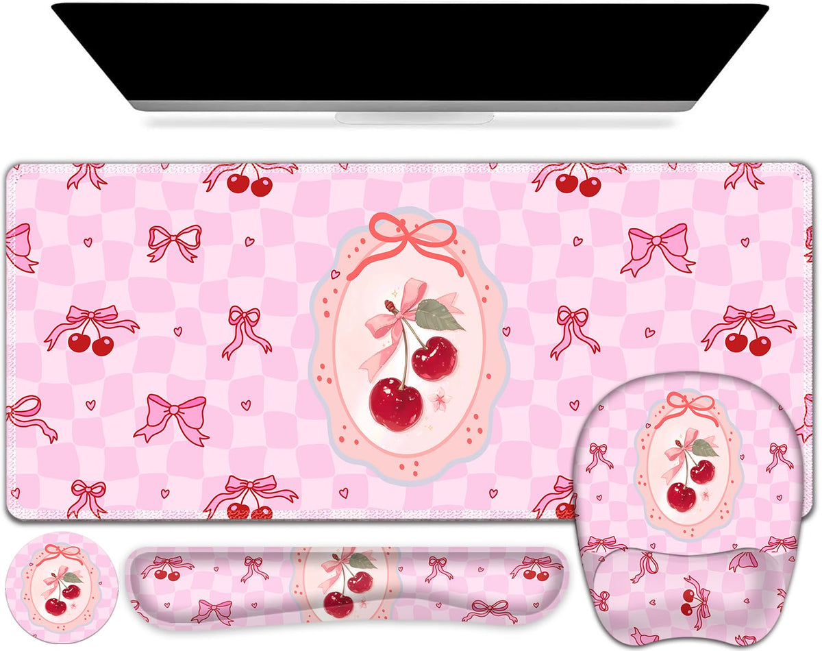 Cute Check Mouse Pad with Wrist Support 4 in1 Set, XXL Big Game Mousepad + Keyboard Wrist Rest +