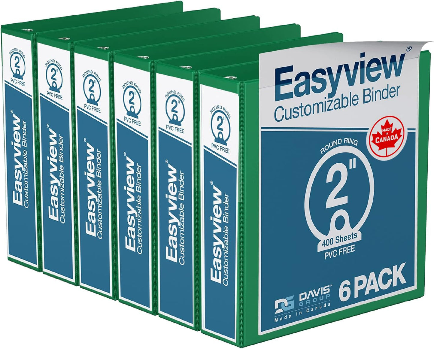 Easyview 3-Ring Binder, Clear-View Cover, 2" Round Rings, Green, 6 Pack