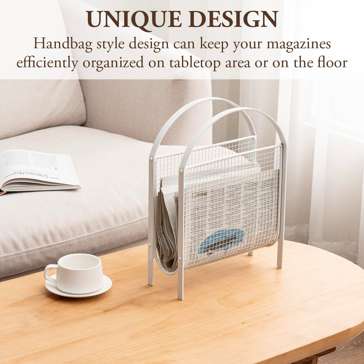 MyGift White Metal Mesh Magazine Rack, Mid Century Freestanding Holder