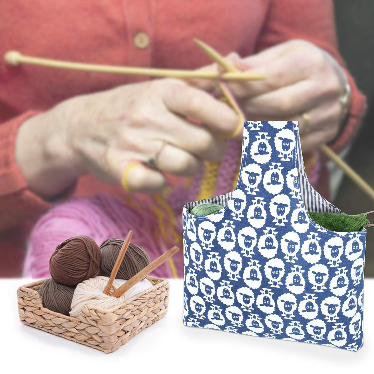 Teamoy Knitting Bag Tote, Travel Crochet Project Wrist Bag, Large, Sheep