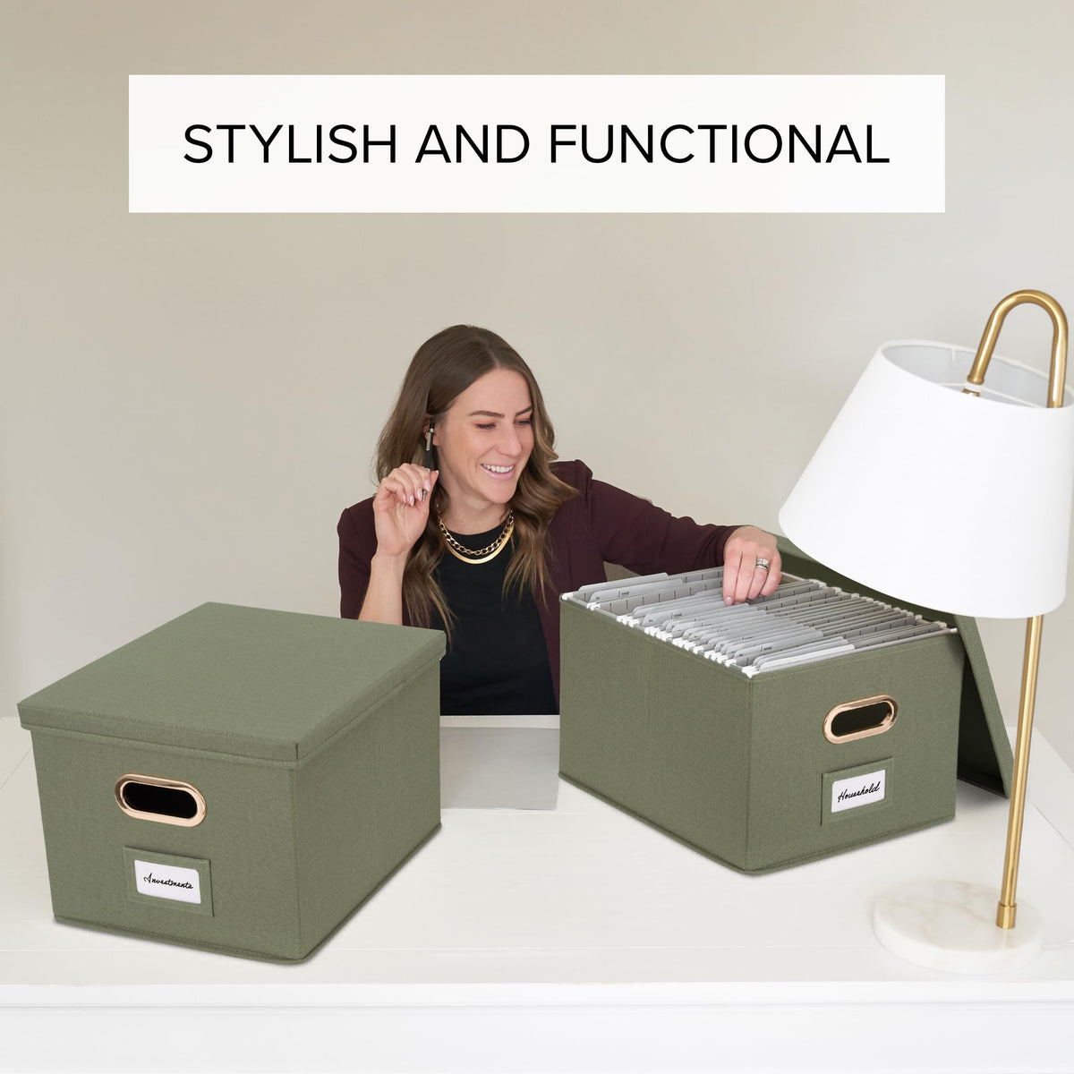 Decorative File Organizer Box Set of 2 - Collapsible Linen Filing Cabinets