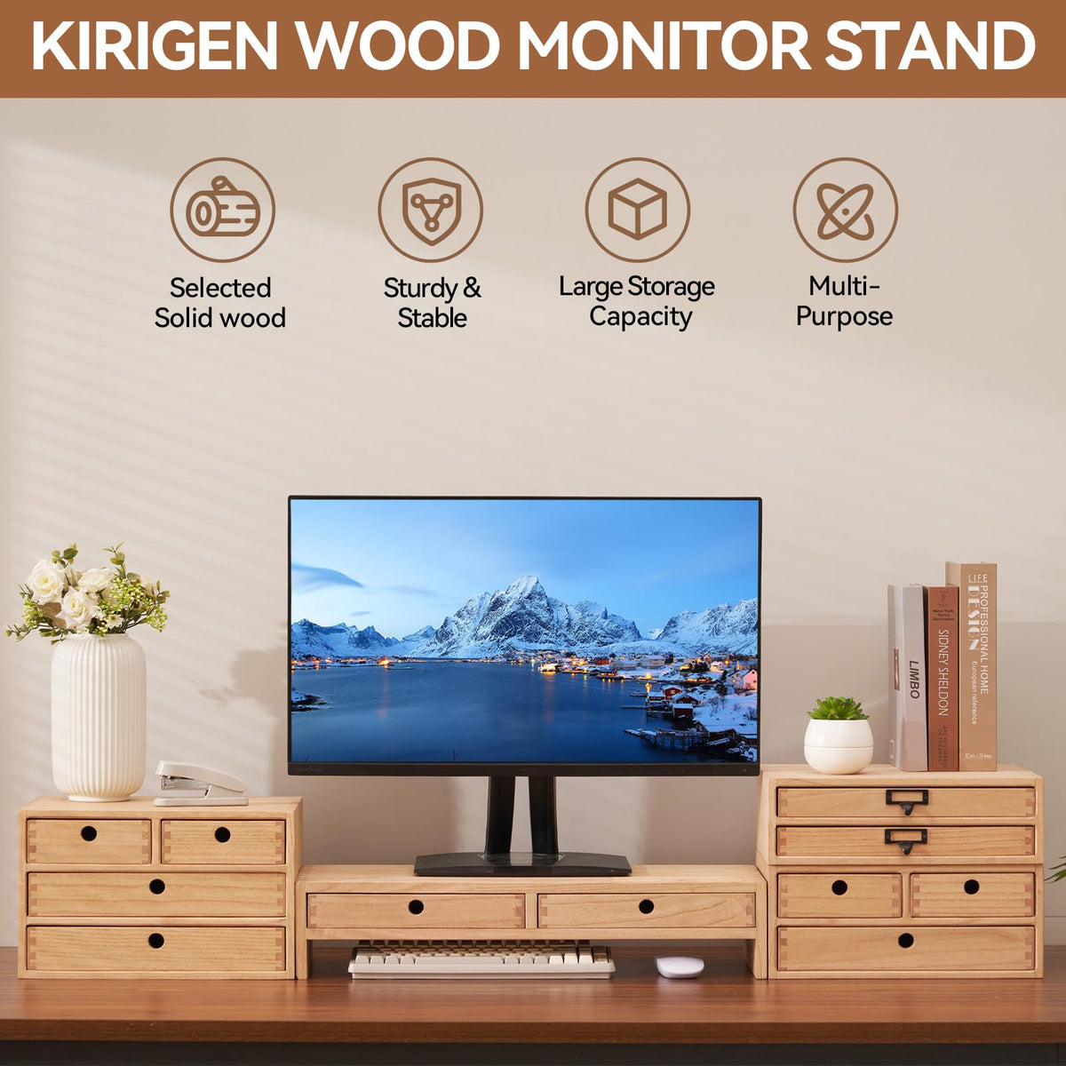 KIRIGEN Solid Wood Monitor Stand with 2 Drawers, Desk Riser, Natural PMJ-NA