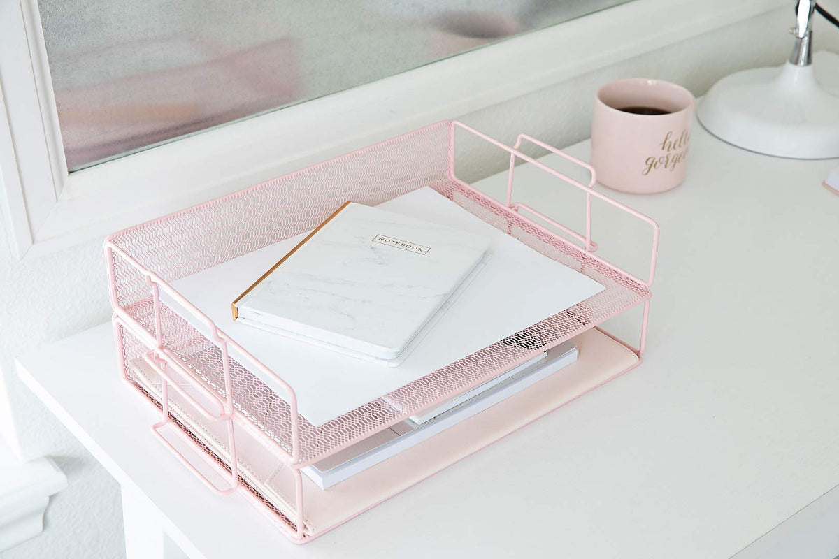 BLU MONACO | Paper Tray Stackable Pink Mesh Set of 2 | Stackable File Trays for Desk Organization |