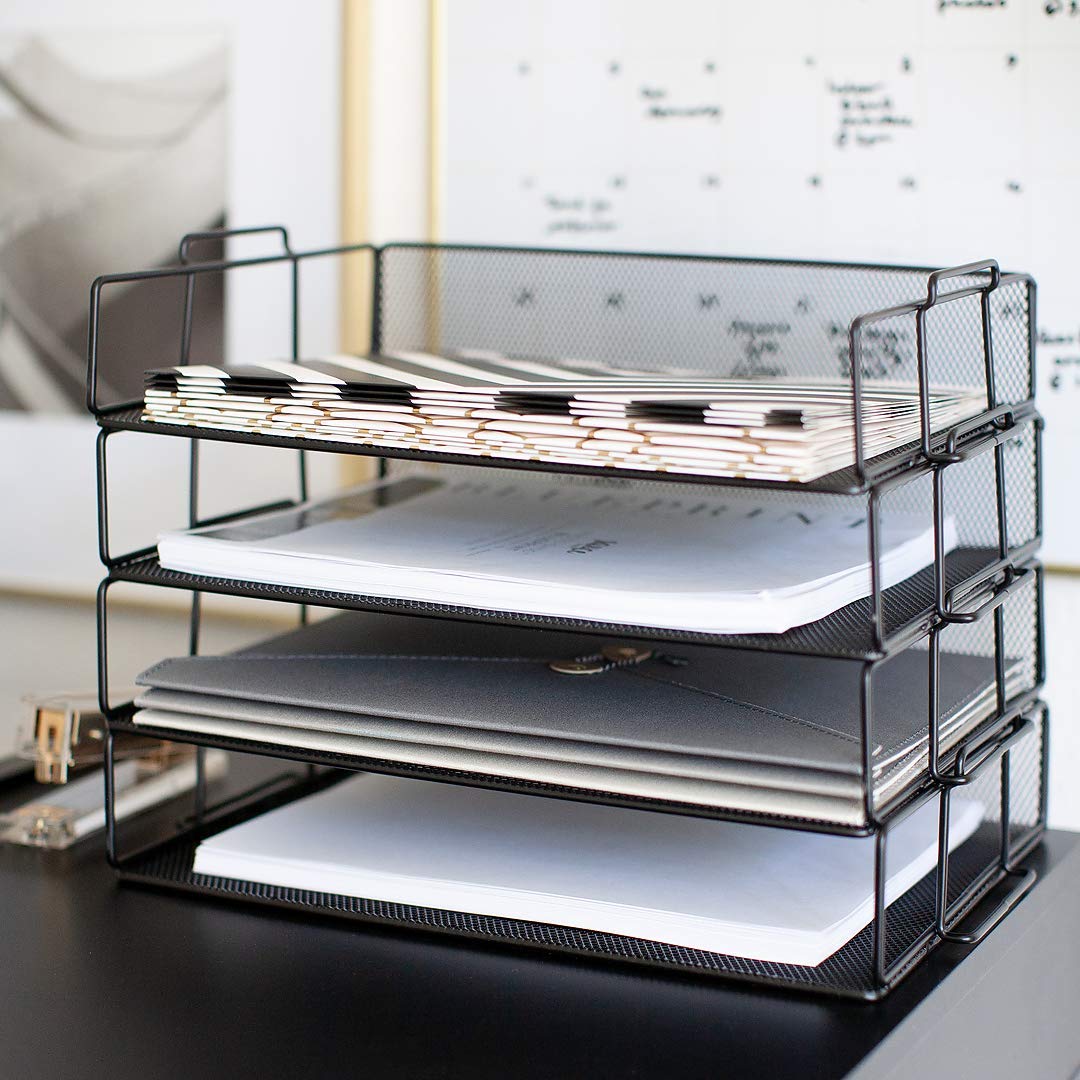 BLU MONACO 4-Tier Stackable Paper Tray for Desk Organization | Black Metal Mesh Letter File Holder