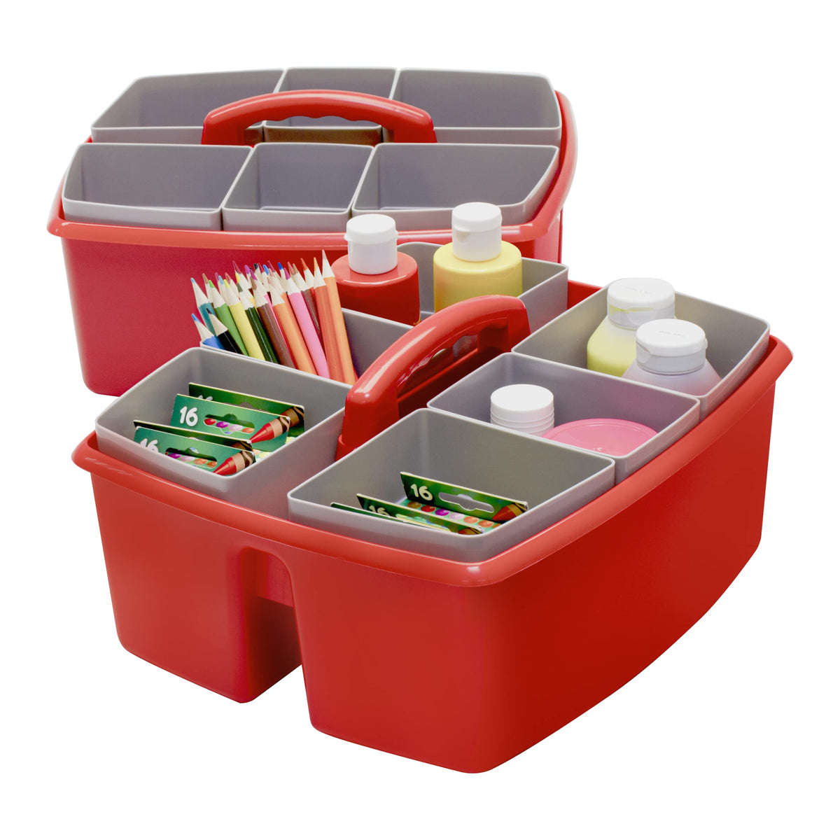 Storex Large Classroom Caddy with Cups, 13 x 11 x 6.575 Inches, Red, Case of 2 (00981U02C)