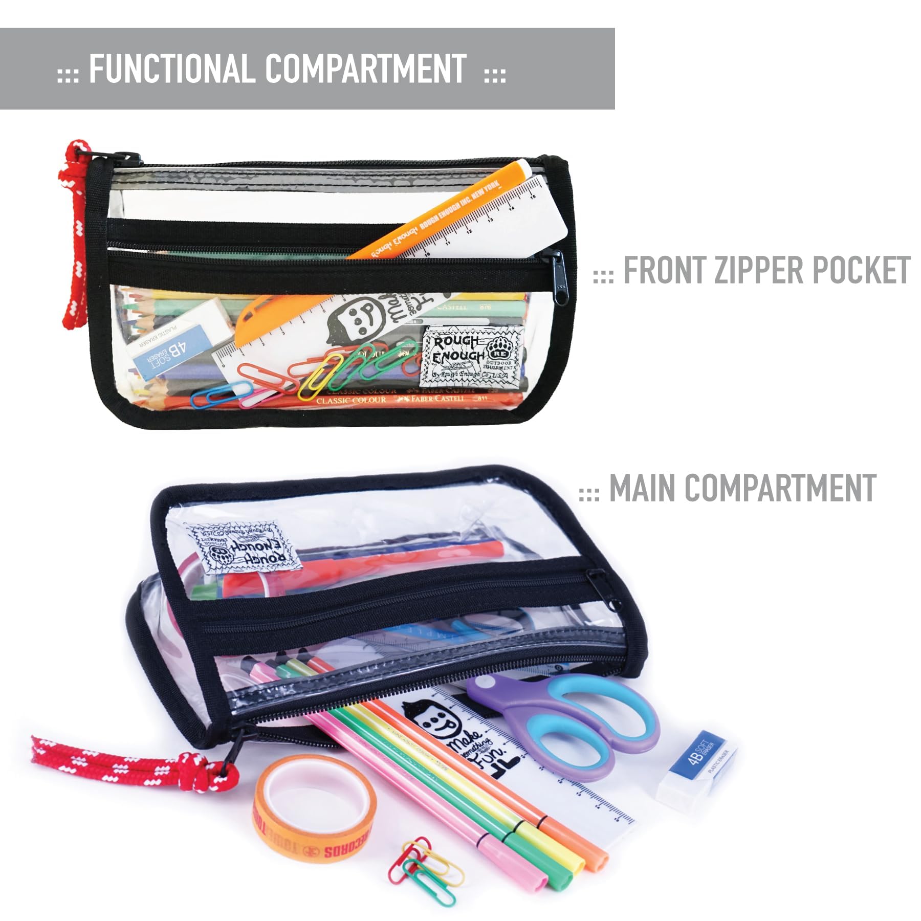 Rough Enough Clear Pencil Case for School, 60+ Pencils Capacity, Black