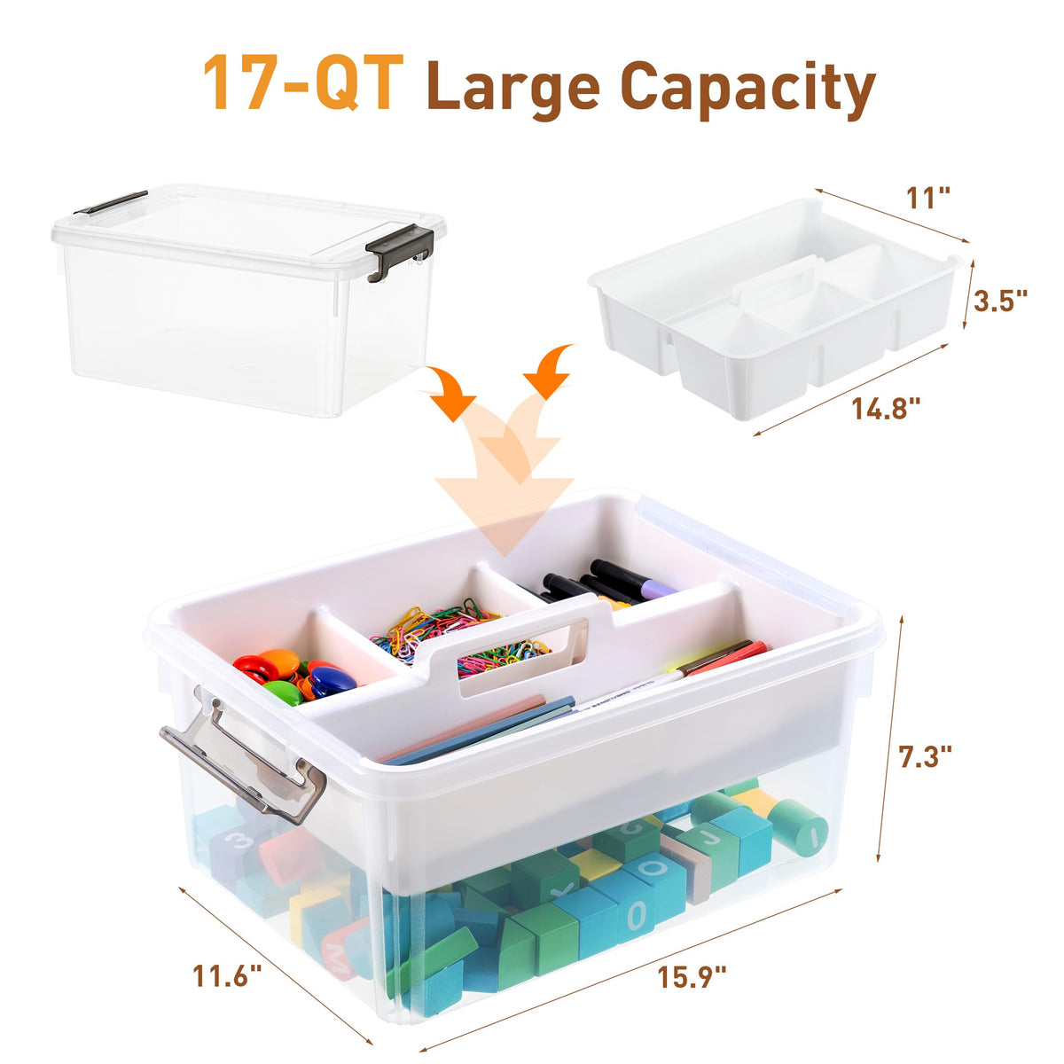 Citylife 17 QT Clear Craft Organizers and Storage Box with Handled Tray