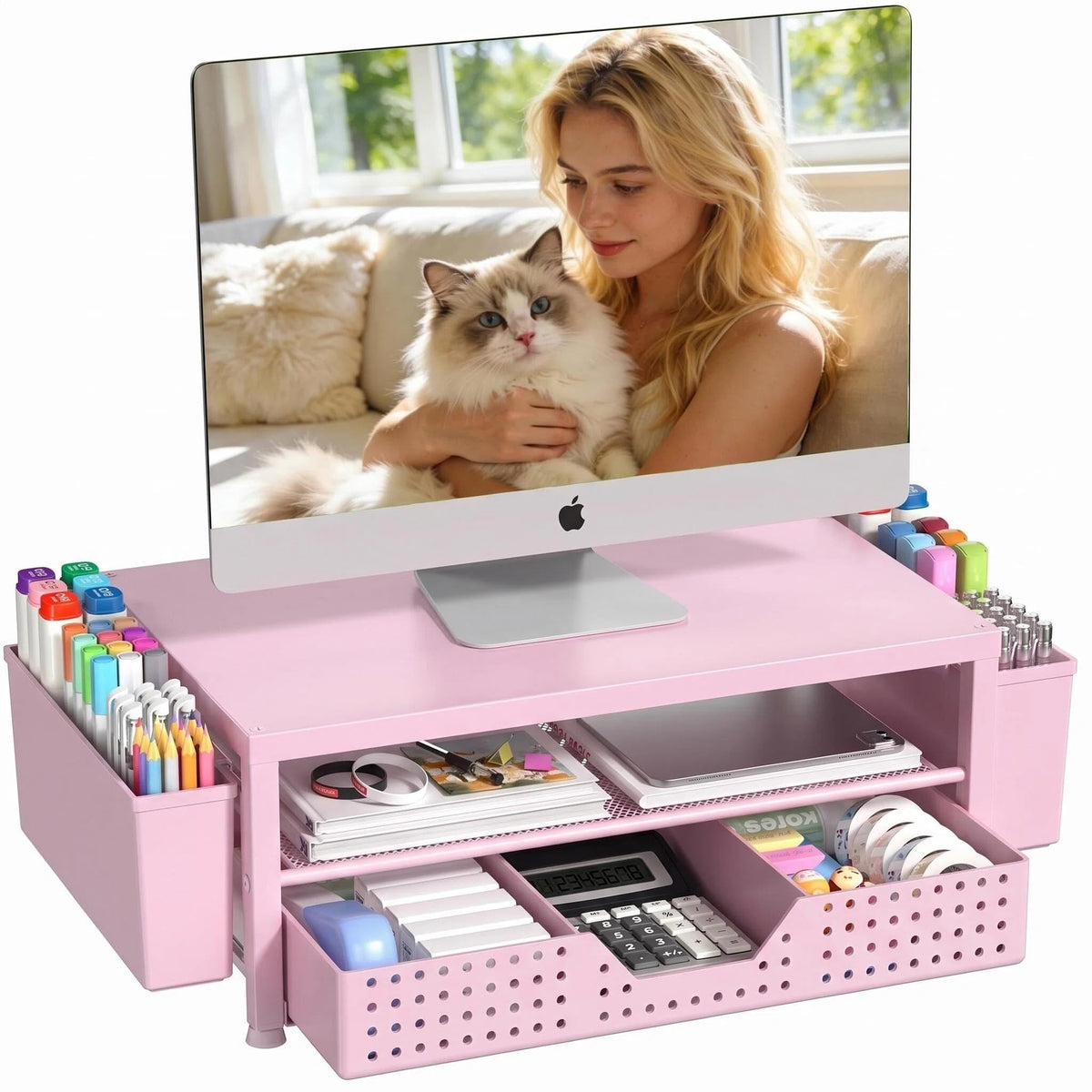OPNICE Desk Organizers and Accessories, Computer Monitor Stand Riser with Drawer and 2 Pen Holders