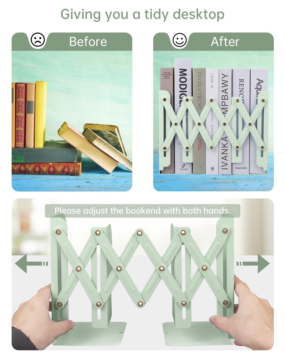 Honagu Adjustable Bookends, Metal Book Ends for Shelves Heavy Book, Desk Magazine File Organizer