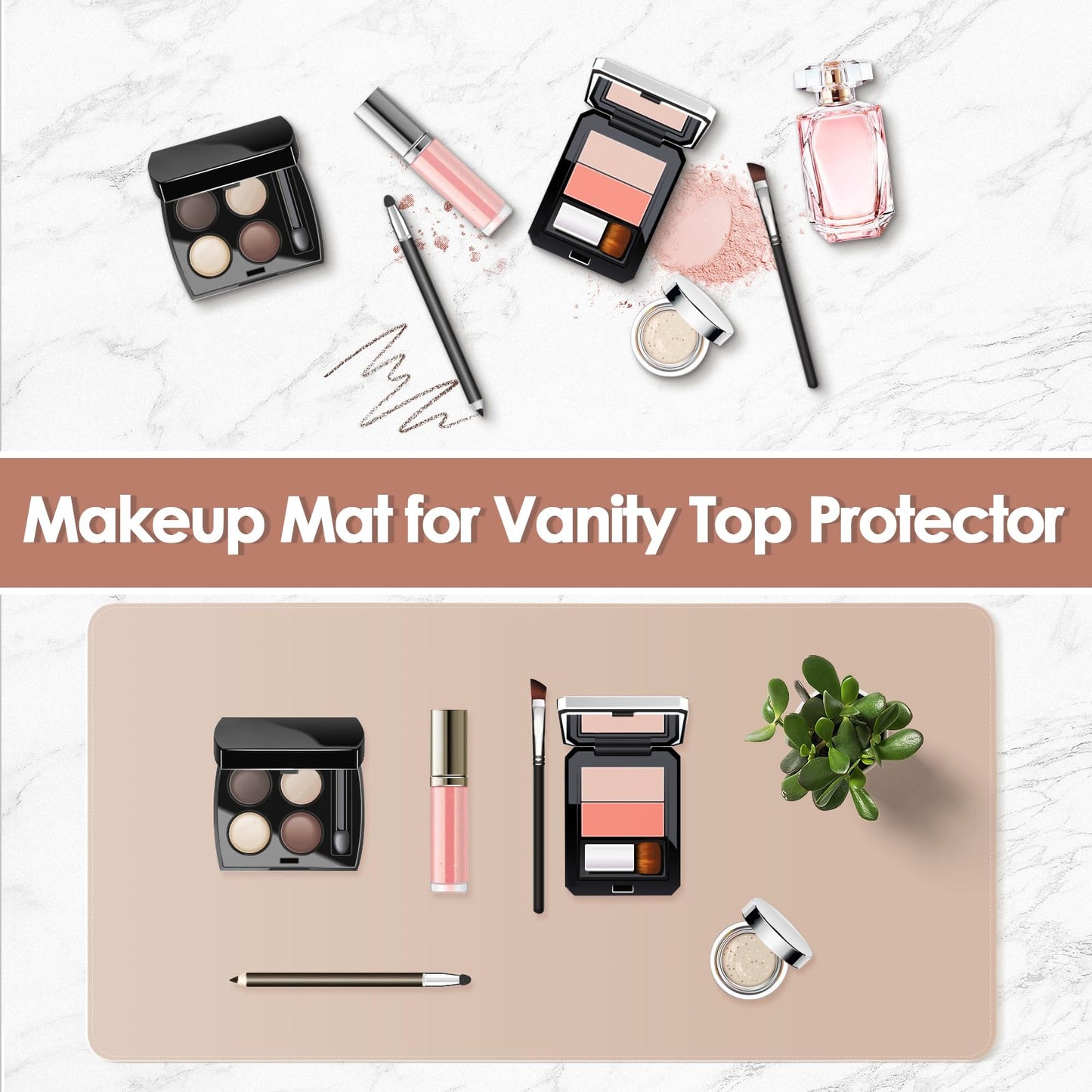 Makeup Mat for Vanity to Protect Desk Top, 43.3x15.7in, White and Khaki