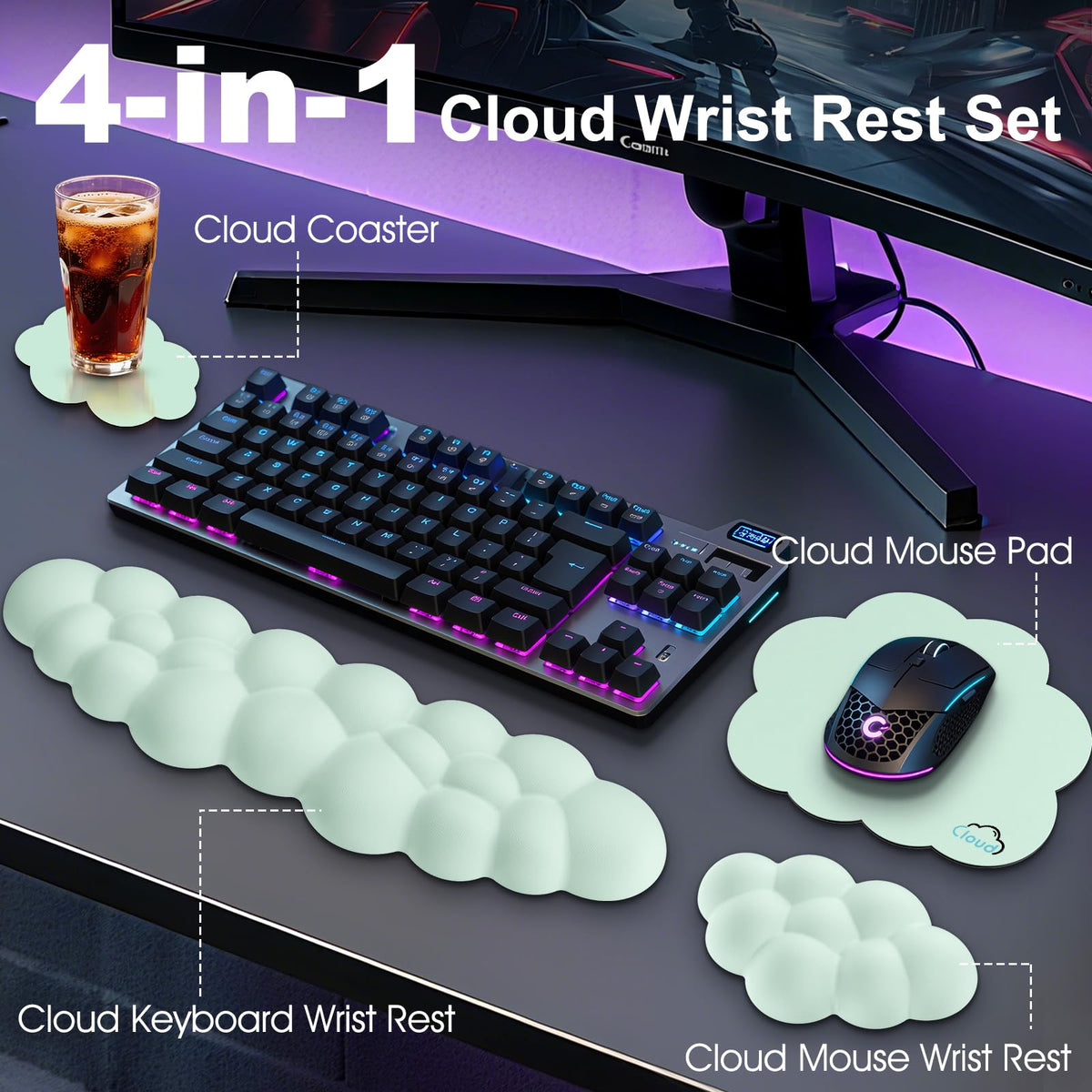 Retuhapy Cloud Wrist Rest Keyboard Cushion and Cloud Mouse Pad, Light Green