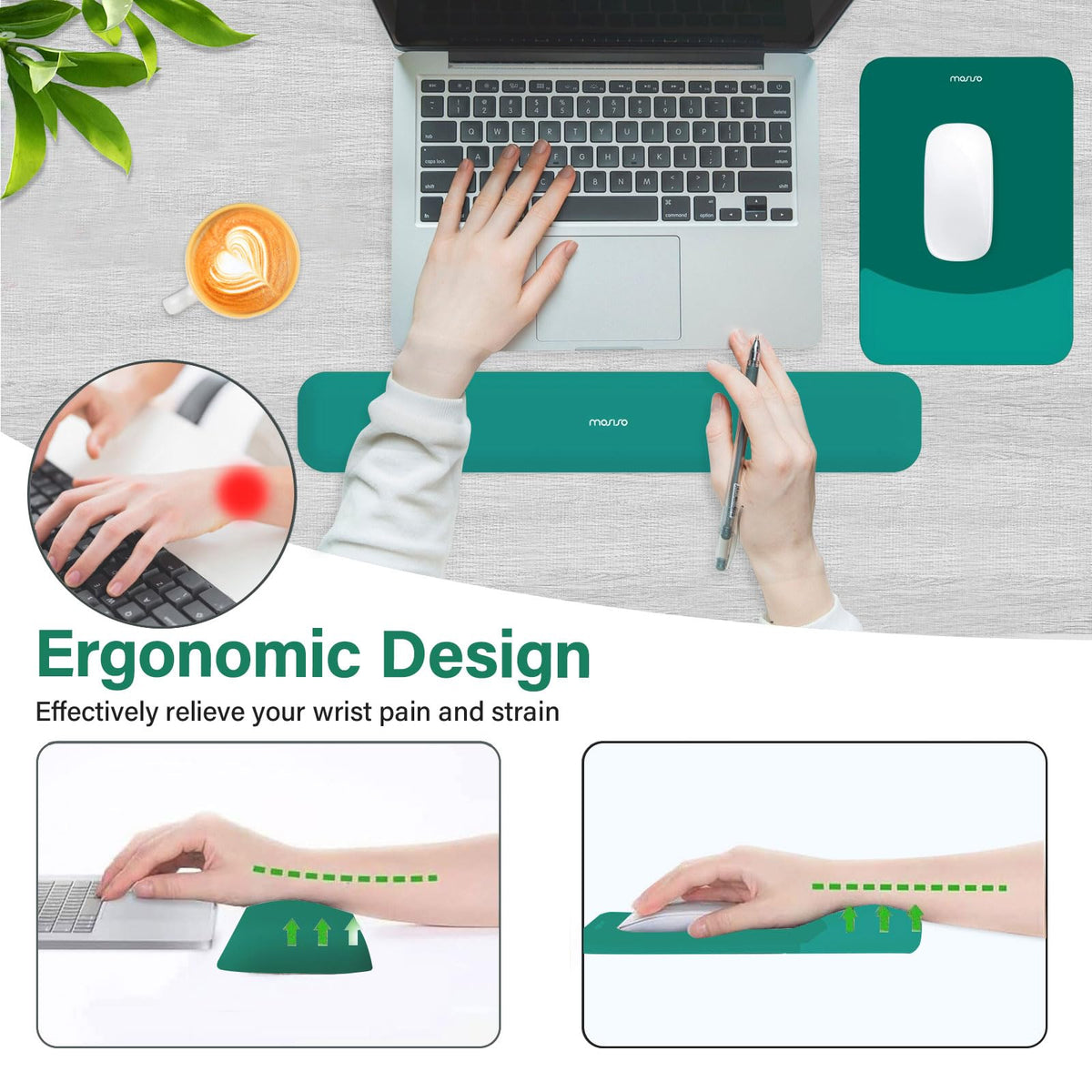 MOSISO Wrist Rest Support Mouse Pad & Keyboard Set, Teal Green