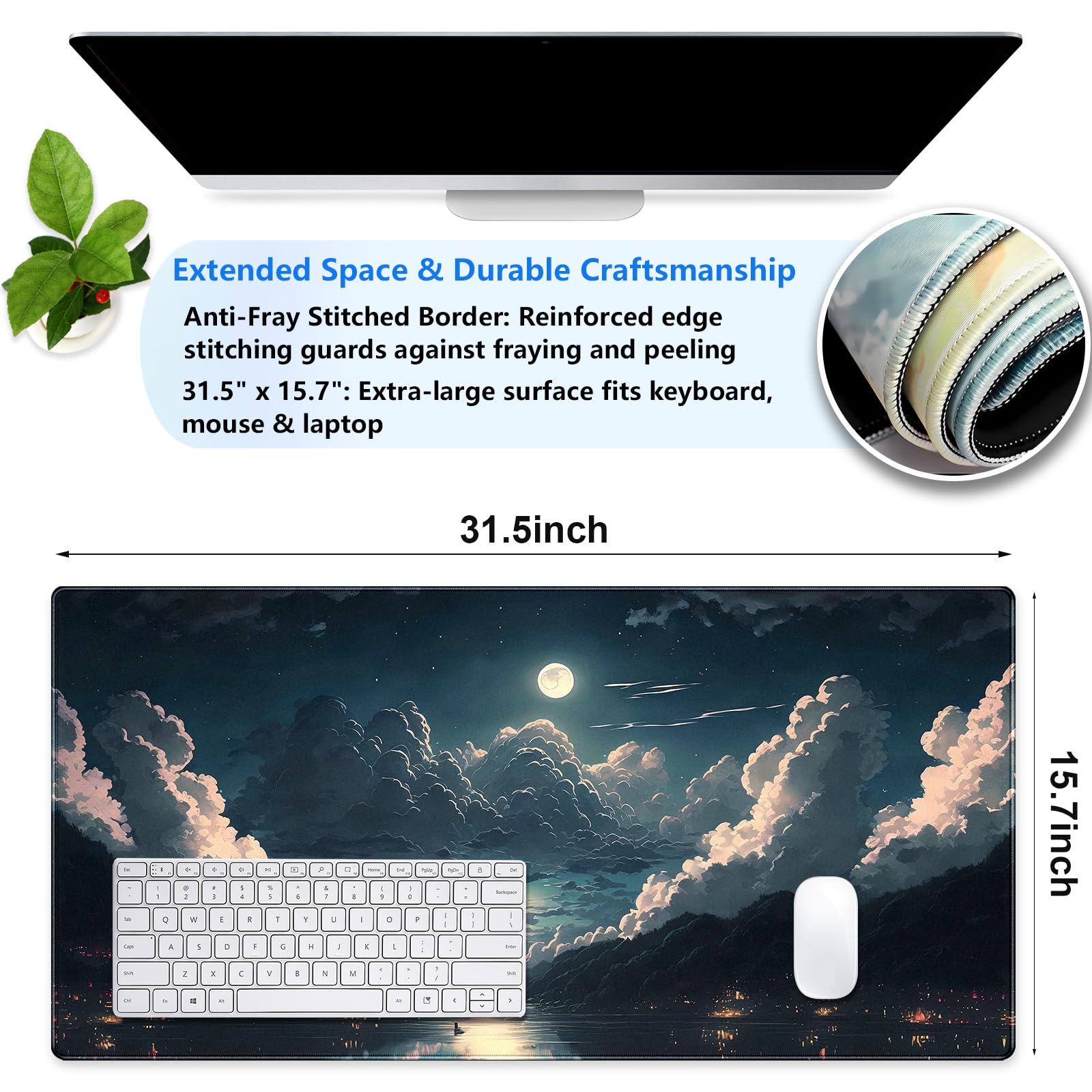 Moonlit Night Desk Mat, Starry Sky XXL Large Gaming Mouse Pad 31.5x15.7 in