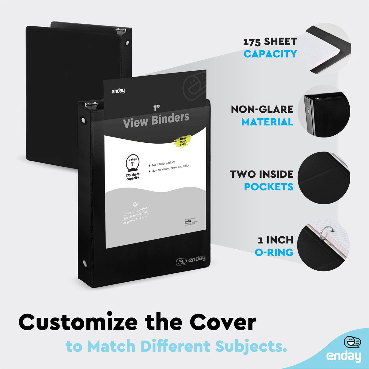 1 Inch 3 Ring Binder 1” Binder Black Clear View Cover with 2 Inside Pockets, Colored School