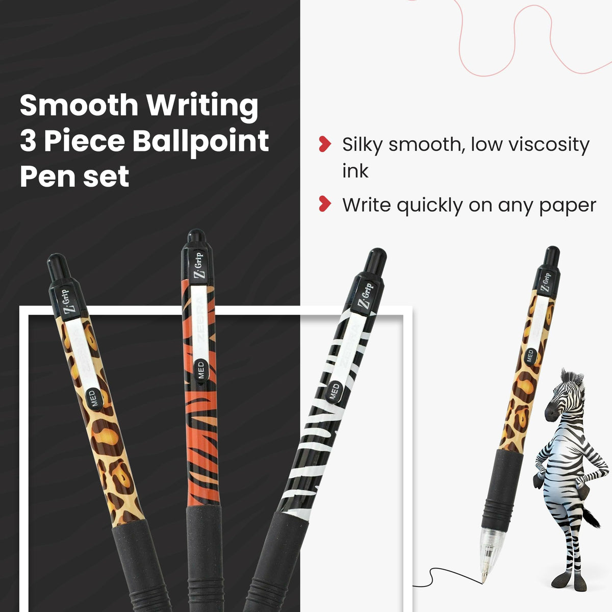ZEBRA Pen Z Grip Black Pens Ballpoint, Smooth & Funky Ballpoint Pens With Pocket Clip, Retractable