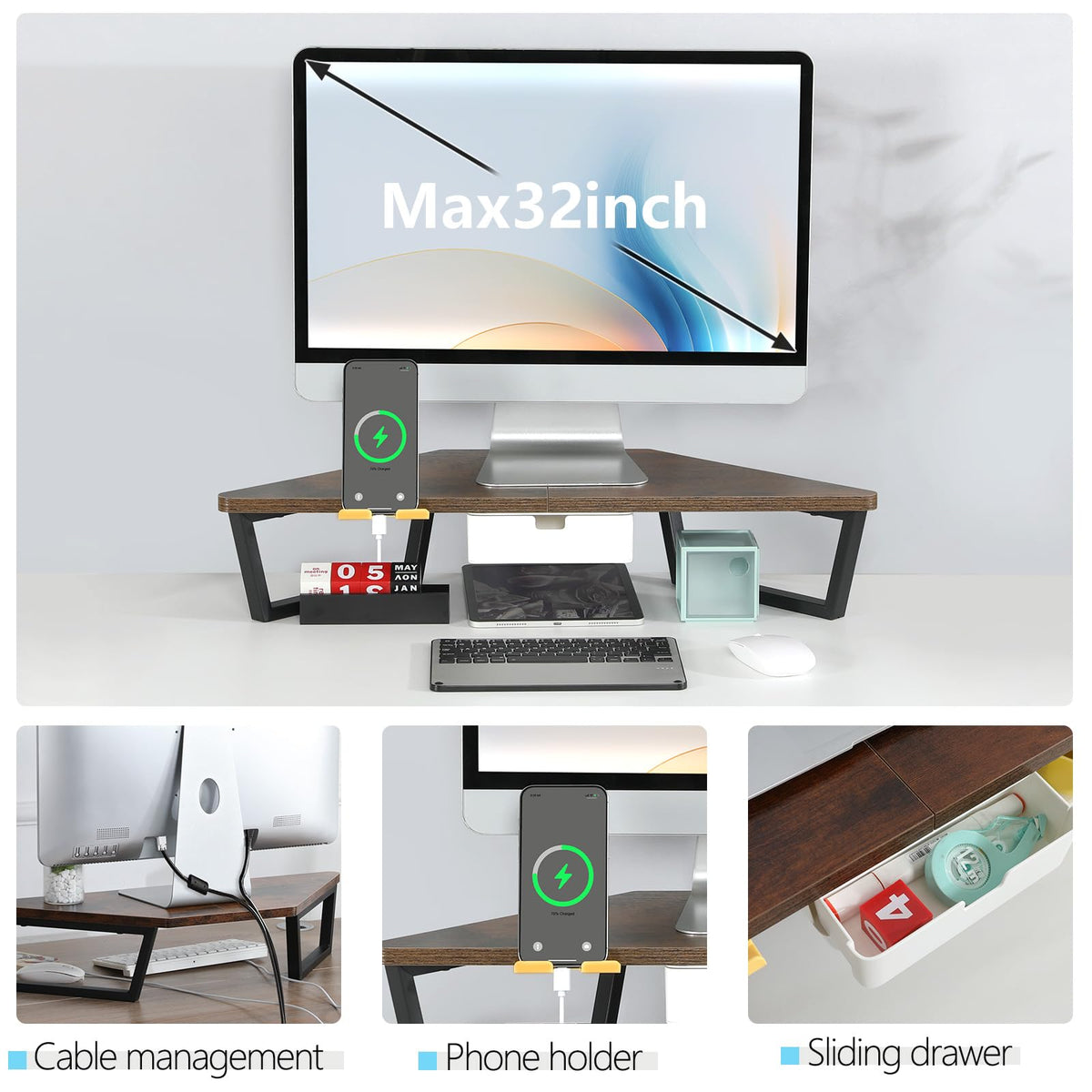 TEAMIX Corner Monitor Stand with Drawer and Phone Holder, 26x12.6x5.3in