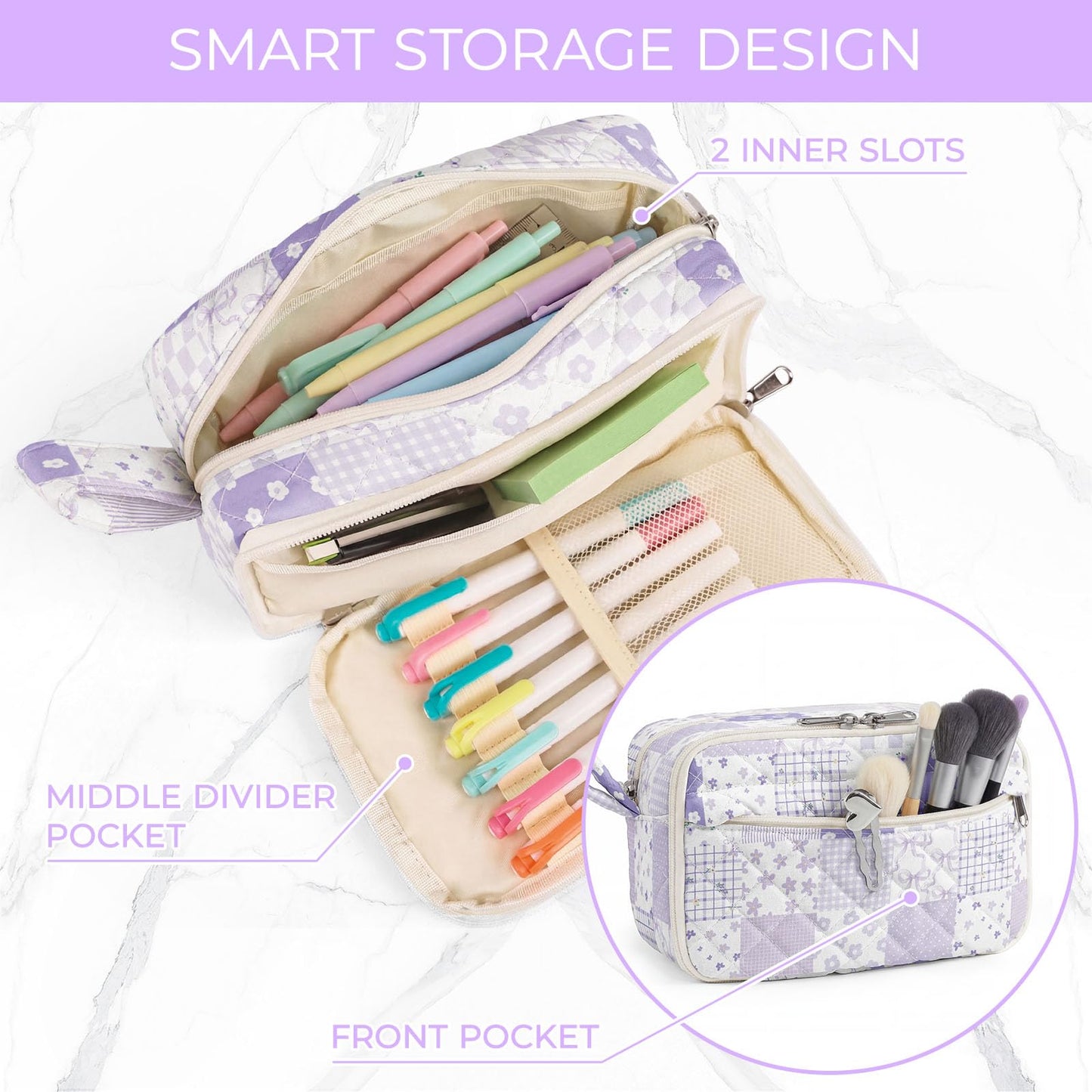 WOBAGMEN Quilted Pencil Pouch for Girls Women, Large Pencil Case Pouch with Compartments Cute