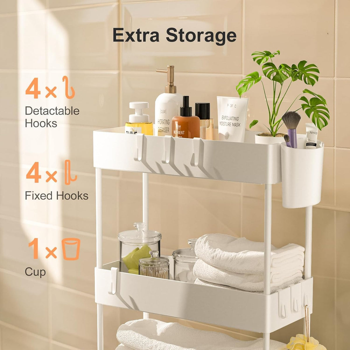 Pipishell 4 Tier Slim Storage Cart with Wheels, Laundry Cart, White