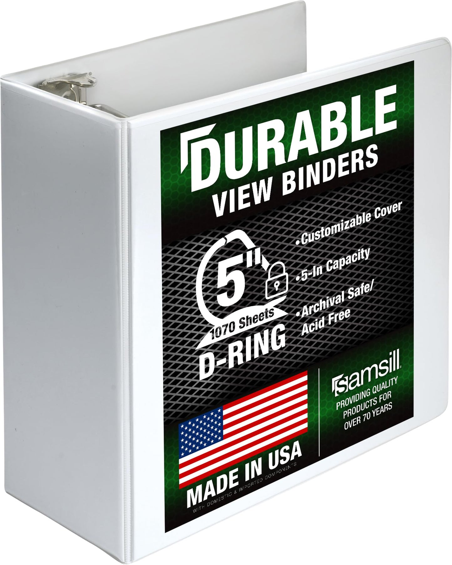Samsill Durable 5 Inch 3 Ring Binder, D Ring Binder, Customizable Clear View, White, Holds 1070