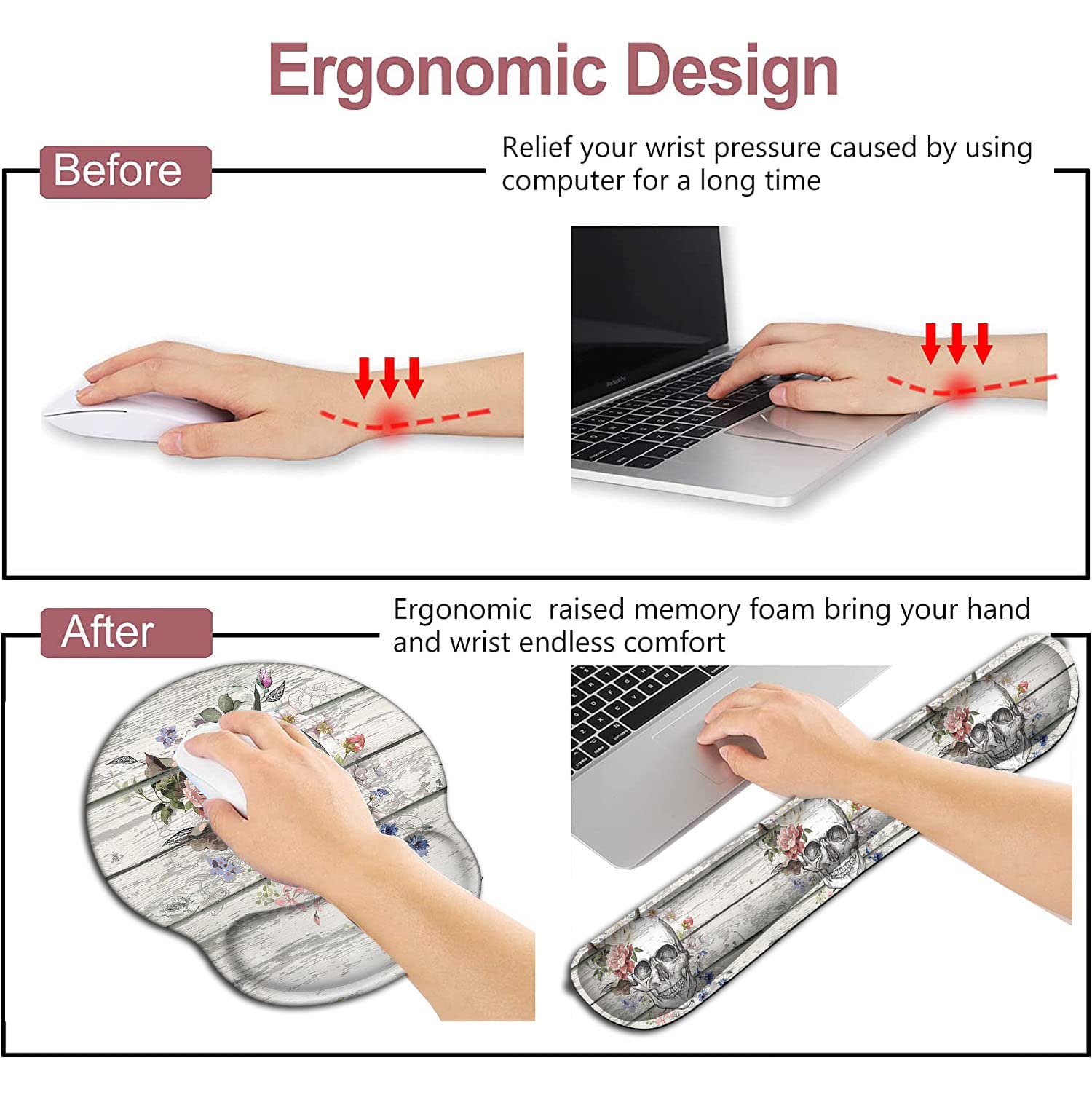 Mouse Pad with Wrist Support, Ergonomic Gel Mouse Pad, Memory Foam Keyboard Wrist Rest, Pattern