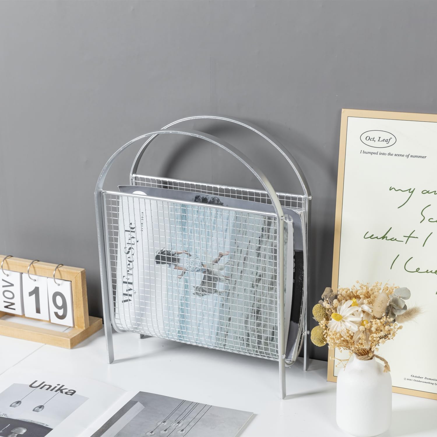 MyGift Mid-Century Silver Metal Mesh Magazine Rack, Freestanding Holder