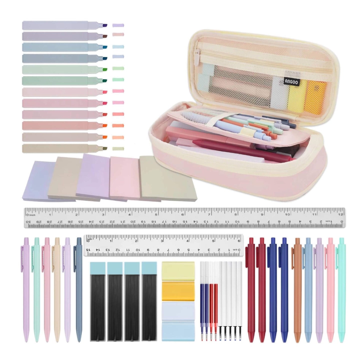NVAZIOP 52 Aesthetic School Supplies with Cute Pen Case,5 Black, 2Blue,2 Red 0.5MM Ink Gel