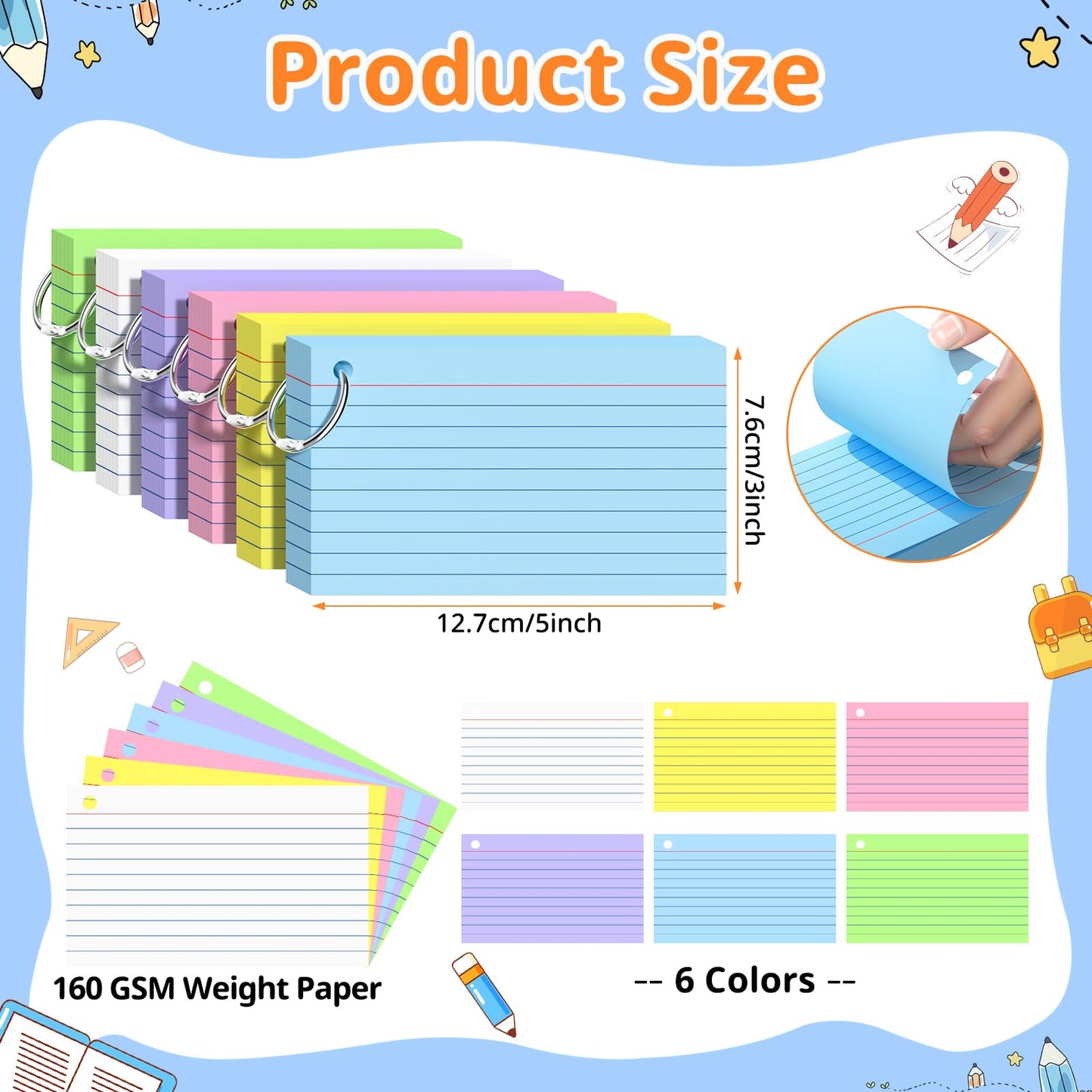 600 PCS Index Cards 3x5 Inches, Colored Flash Cards with Ring