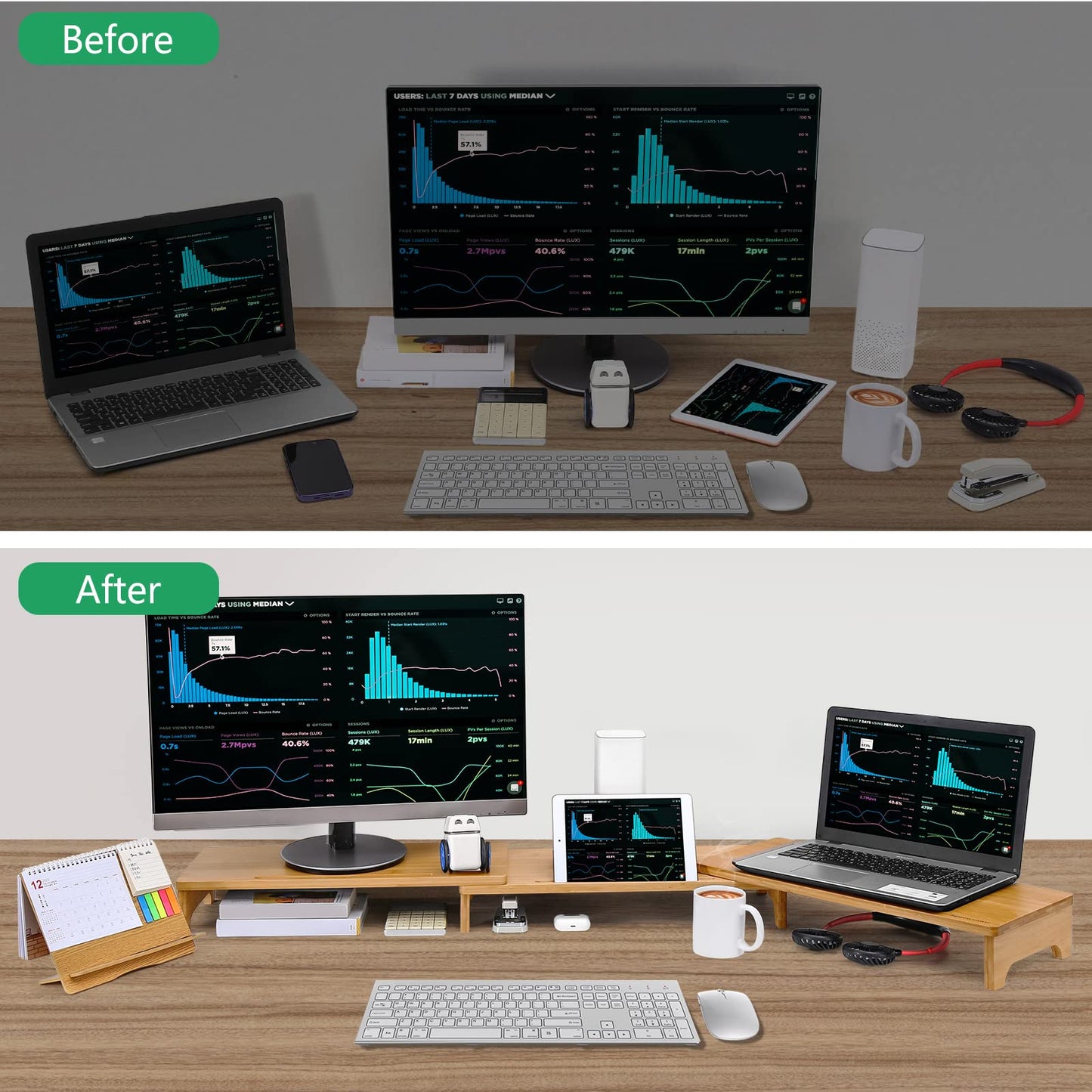Nnewvante Monitor Stand Riser 60 inch Bamboo Dual Monitor Stand for Desk