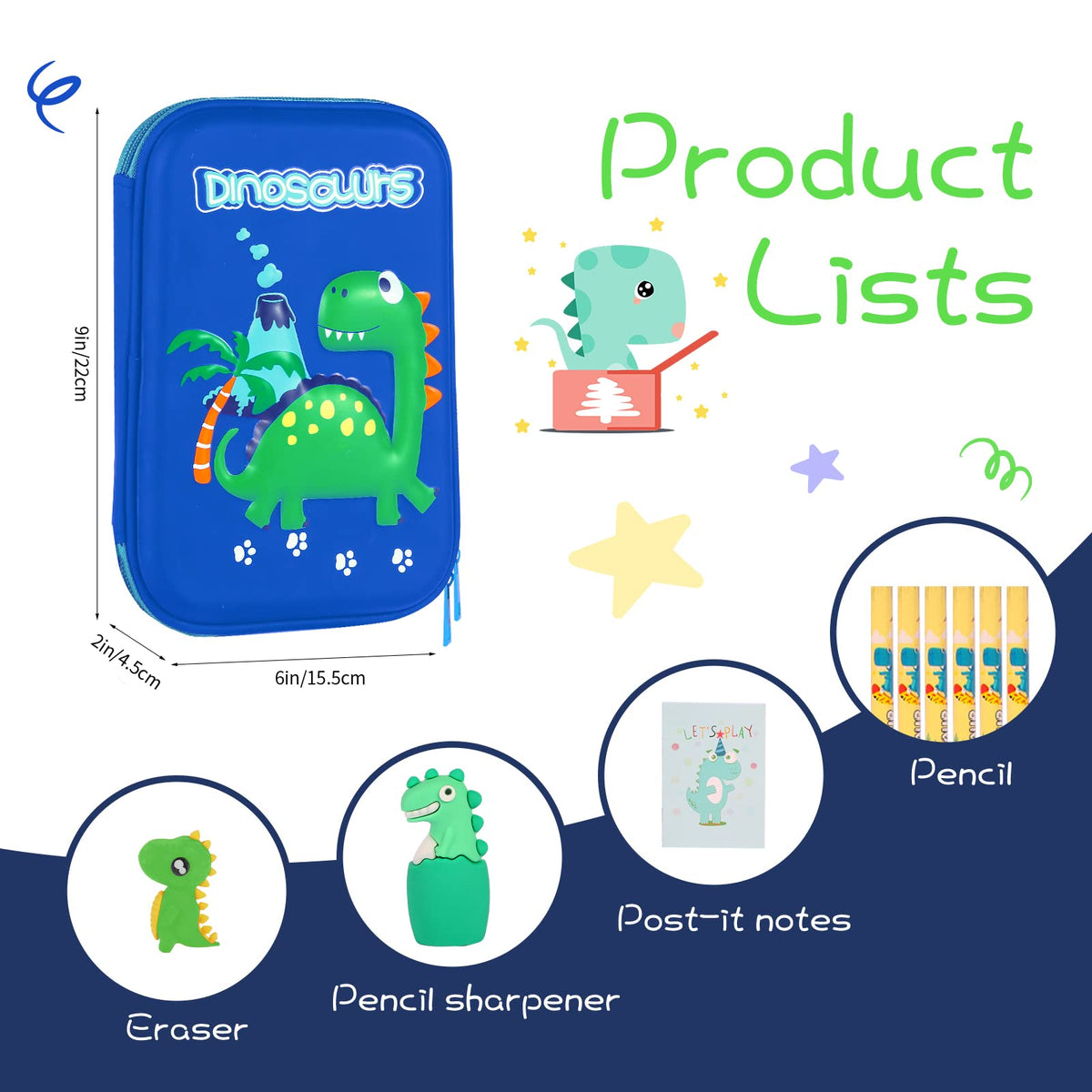 homicozy Pencil Case for Boys,Cute Dinosaur Stationery Set for Kids,3D EVA School Pencil Box