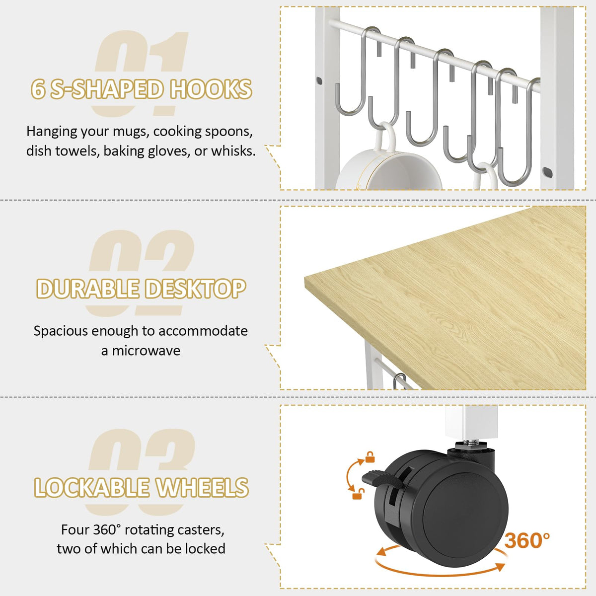 ThreeHio Rolling Kitchen Microwave Cart, 3 Tier Microwave Table Stand with Adjustable Shelf