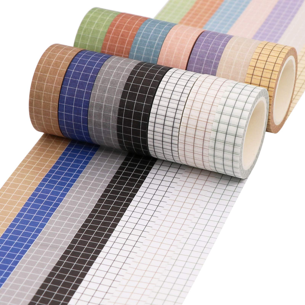 Knaid Grid Washi Tape Set, 14 Rolls of 15 mm Wide Decorative Colored Masking Tapes for