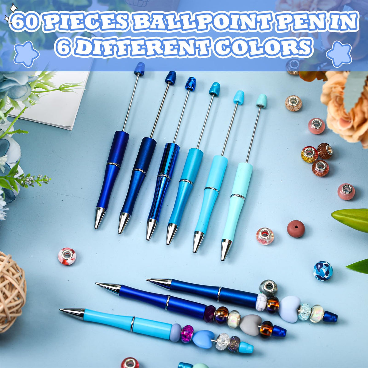 Kosiz 60 Pieces Beadable Pens Bulk Black Ink Pens,Blue Series,Simple