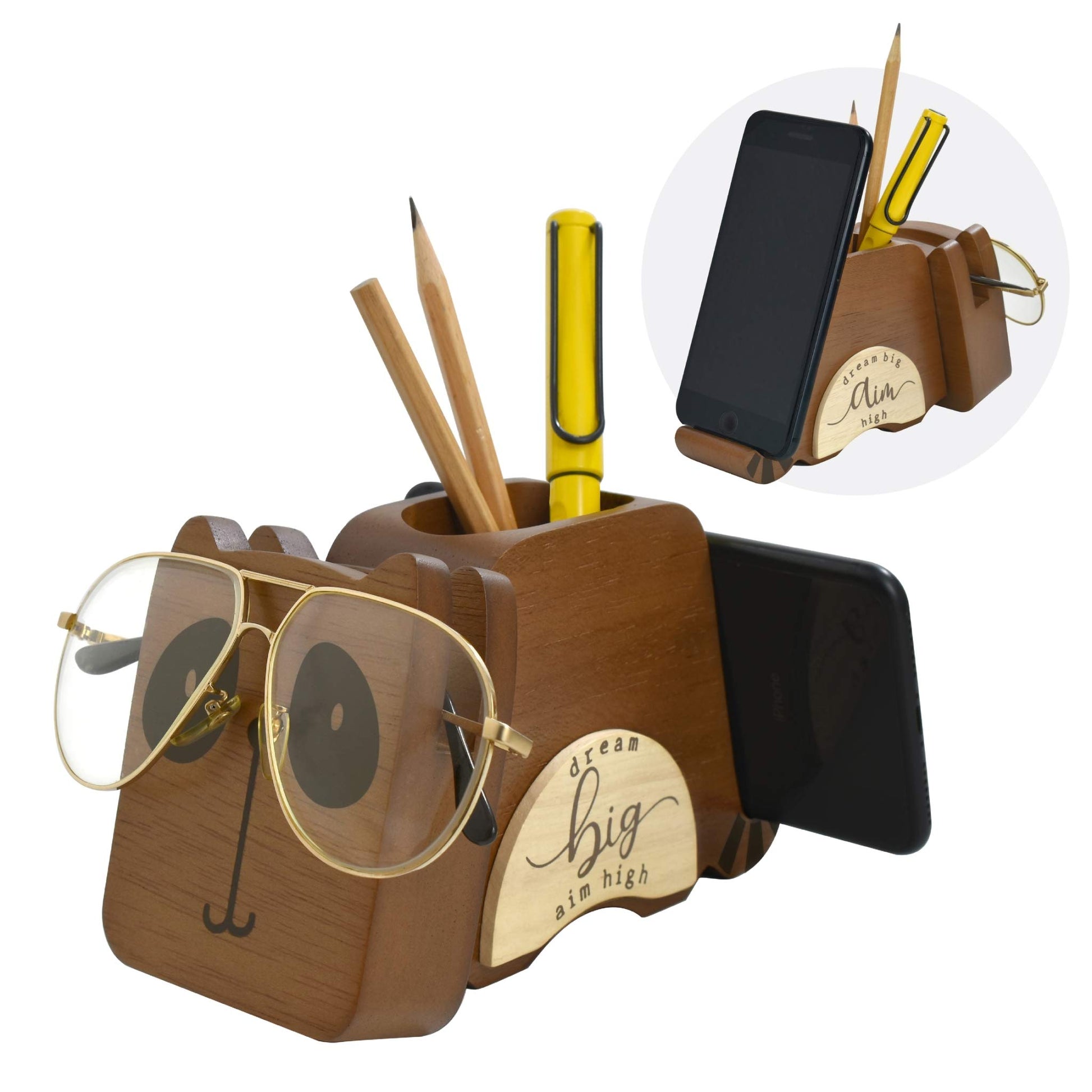 I'm Wood Multipurpose Raccoon Eyeglass Phone Pen & Pencil Holder Stand Stationery Desk Organizer