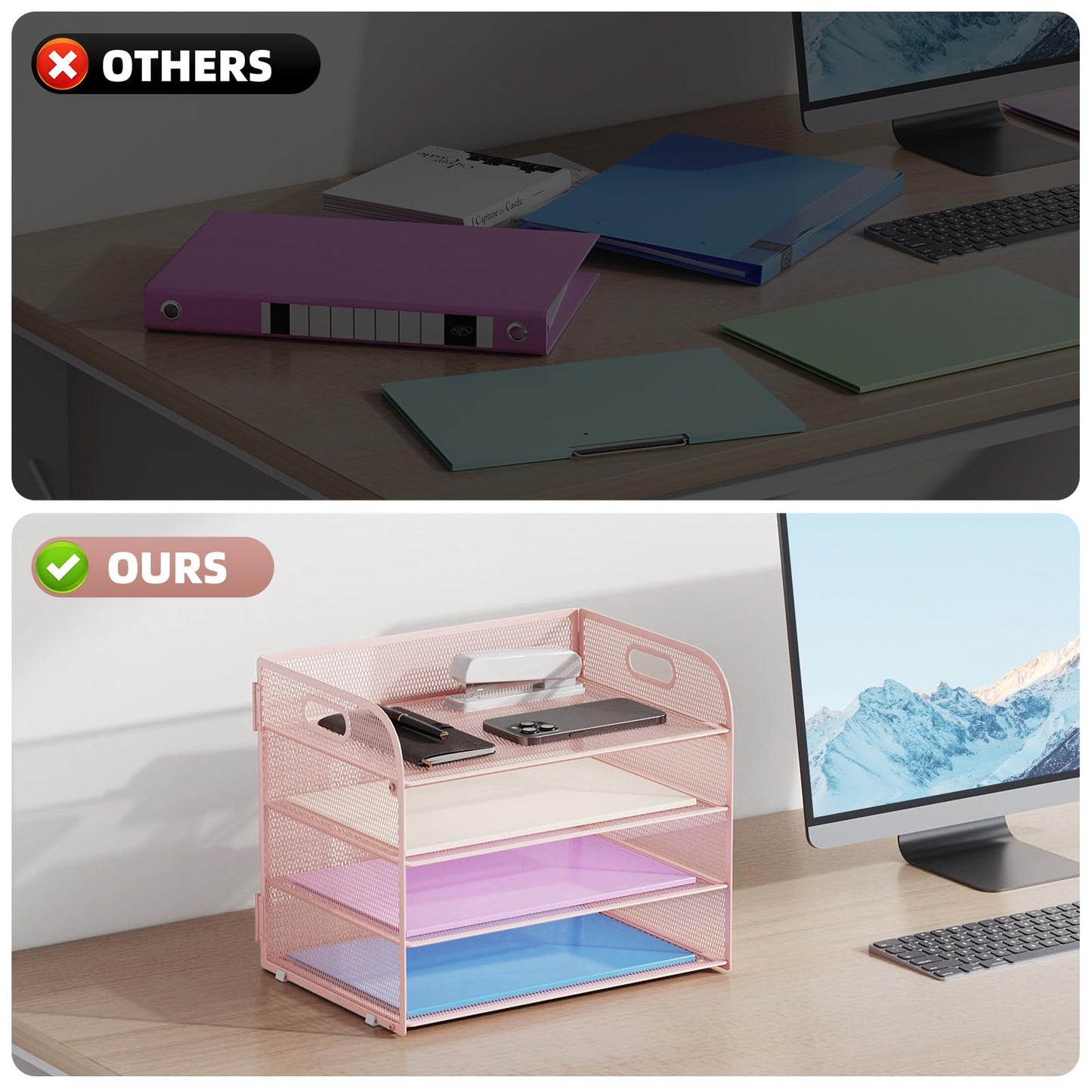 Marbrasse 4 Tier Paper Organizer Letter Tray - Mesh Desk File Organizer with Handle, Paper Sorter