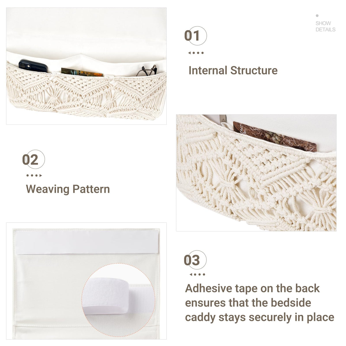 Mkono Macrame Bedside Caddy, Boho Bed Storage Organizer, 4 Pockets Ivory
